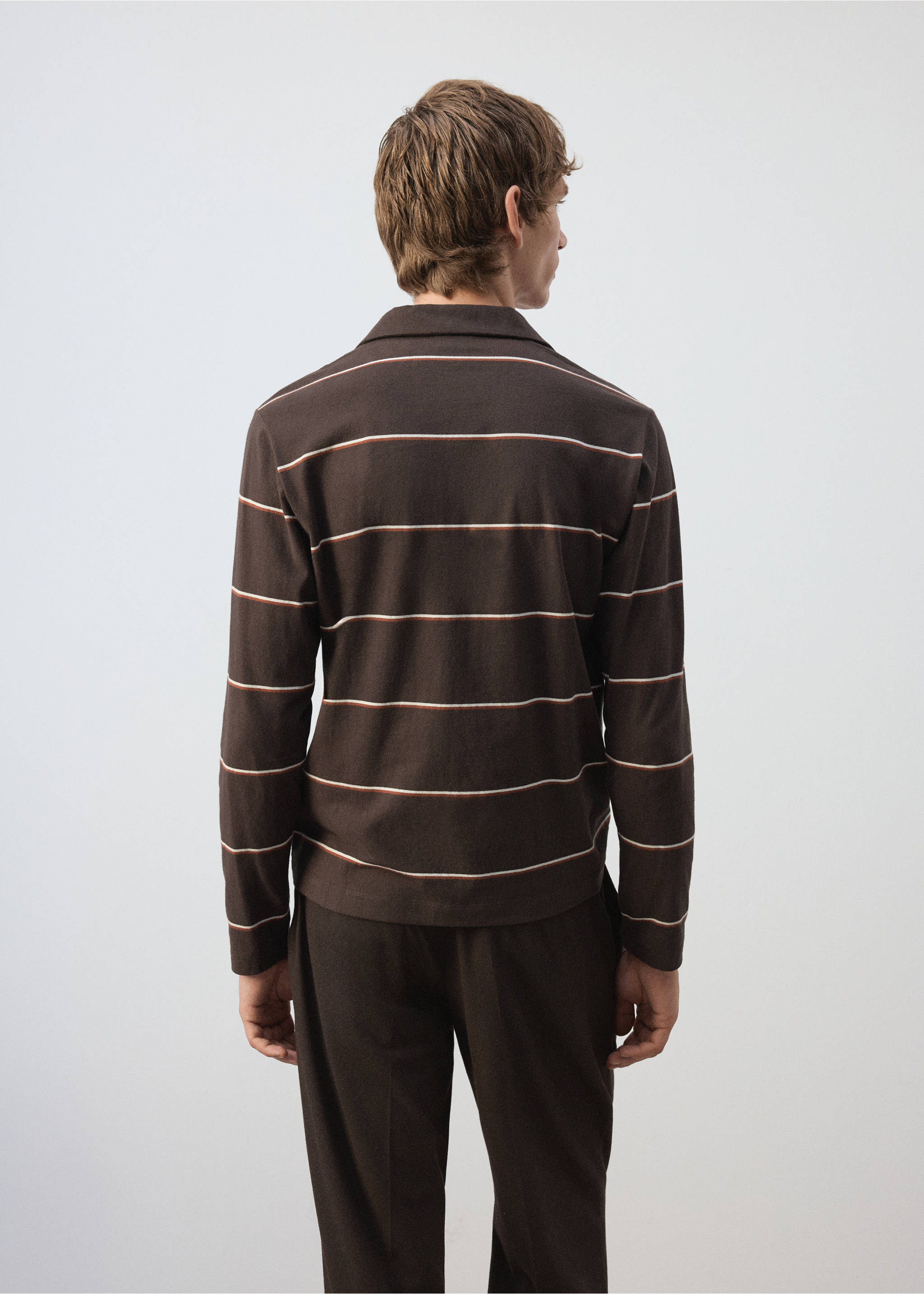 Brown long-sleeve polo shirt with white and orange stripes, back view., Coffee. Ref: 37057912-00.