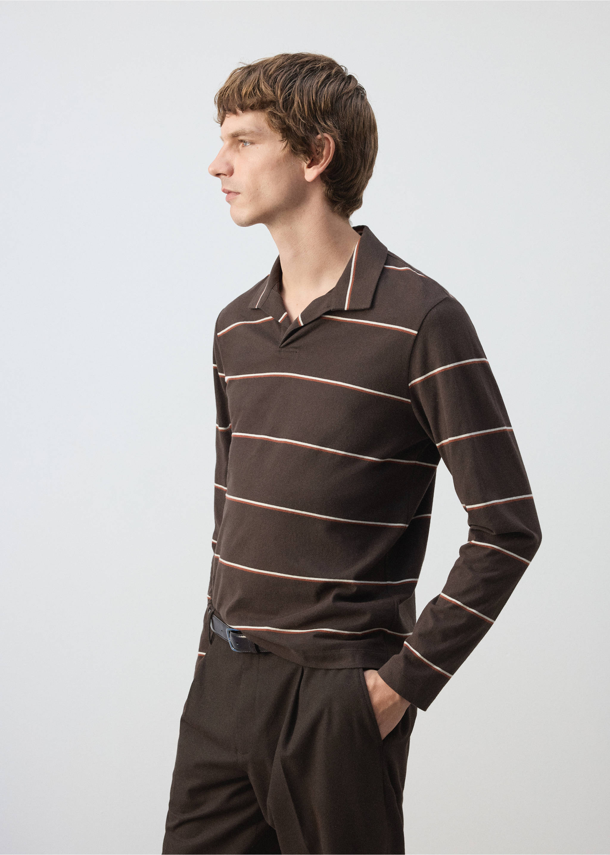 Brown long-sleeved polo shirt with white and rust-orange horizontal stripes., Coffee. Ref: 37057912-00.