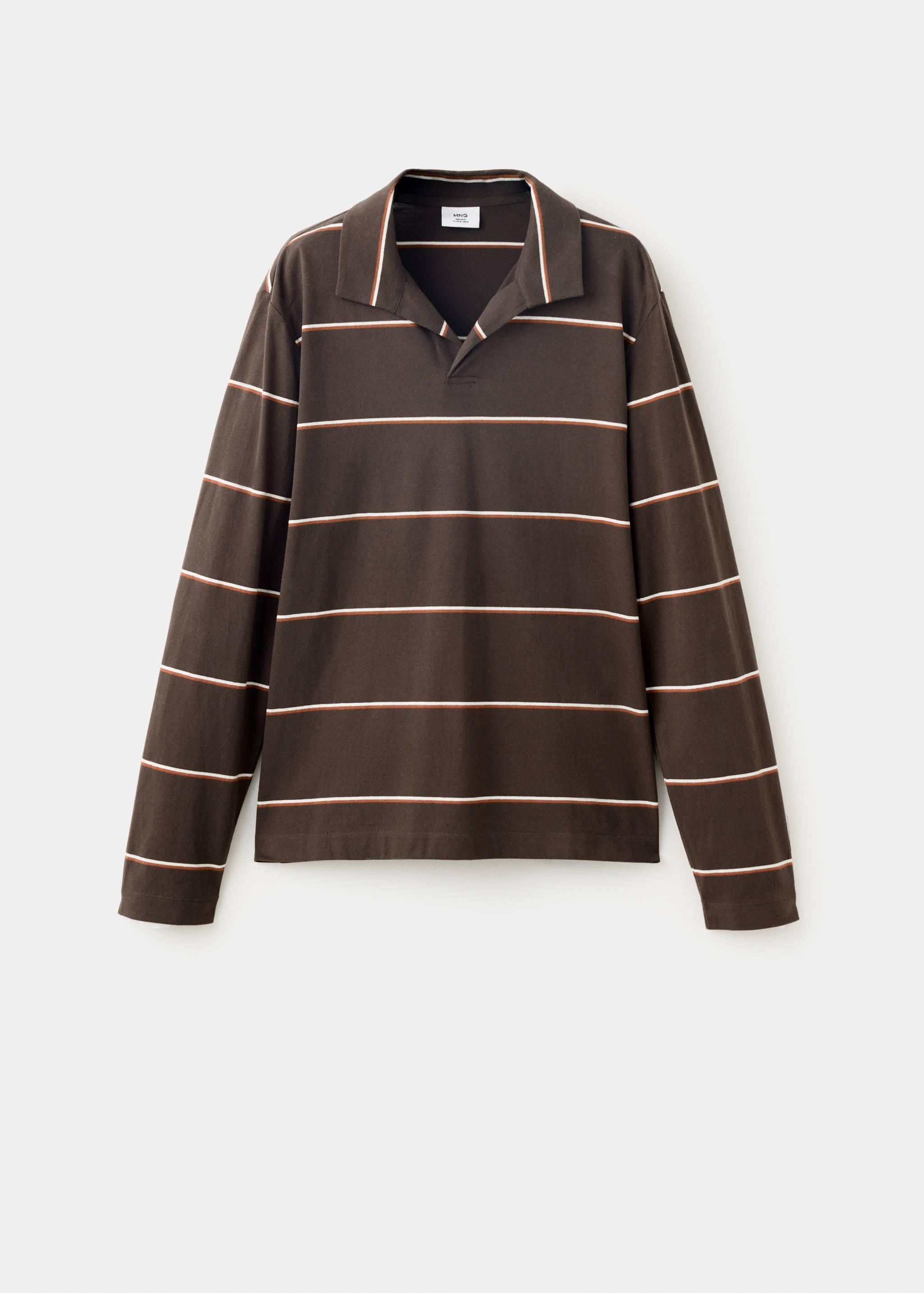 Brown long-sleeved polo shirt with horizontal white and orange stripes and a classic collar.