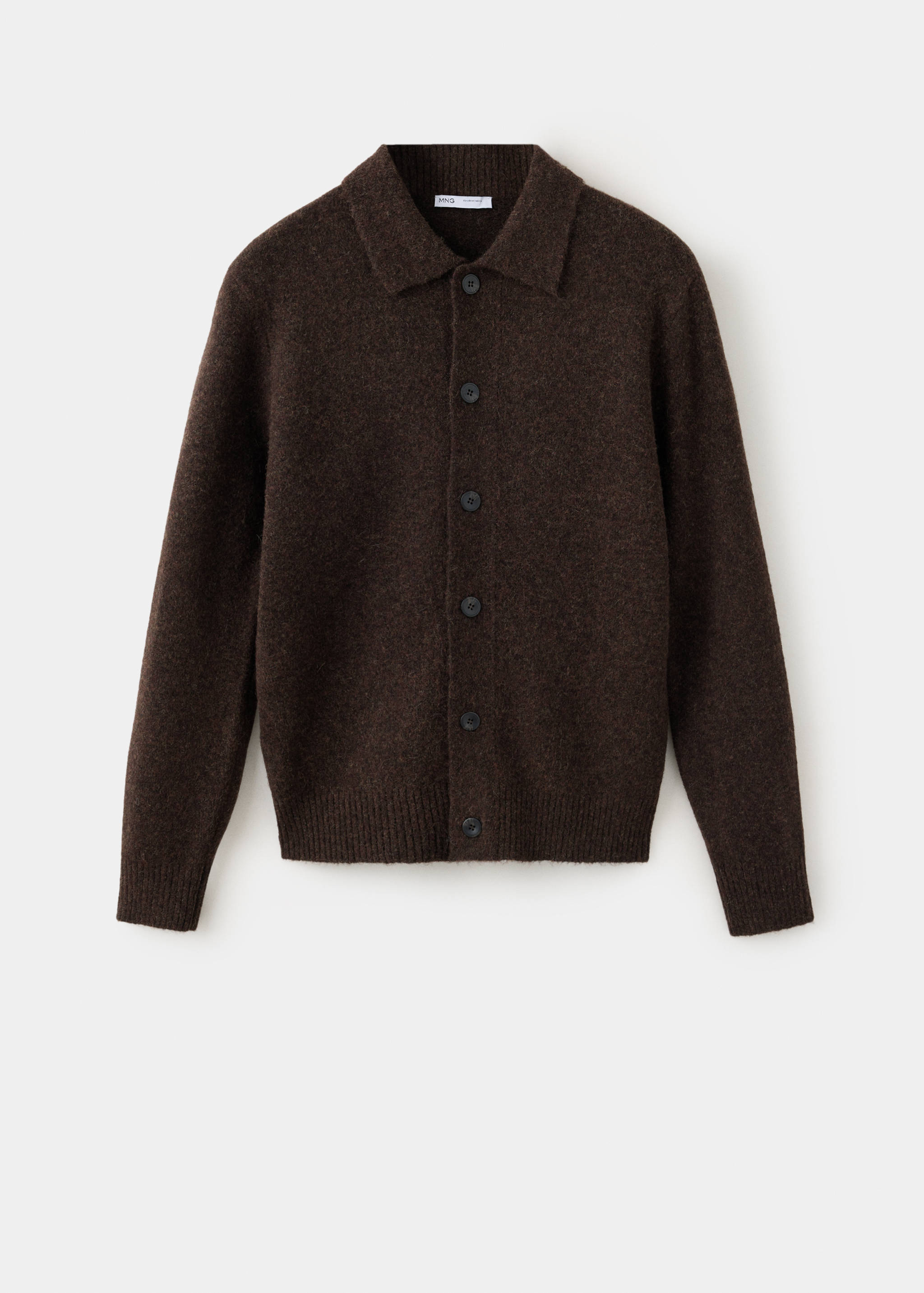 Dark brown knitted shirt with a pointed collar and long sleeves.