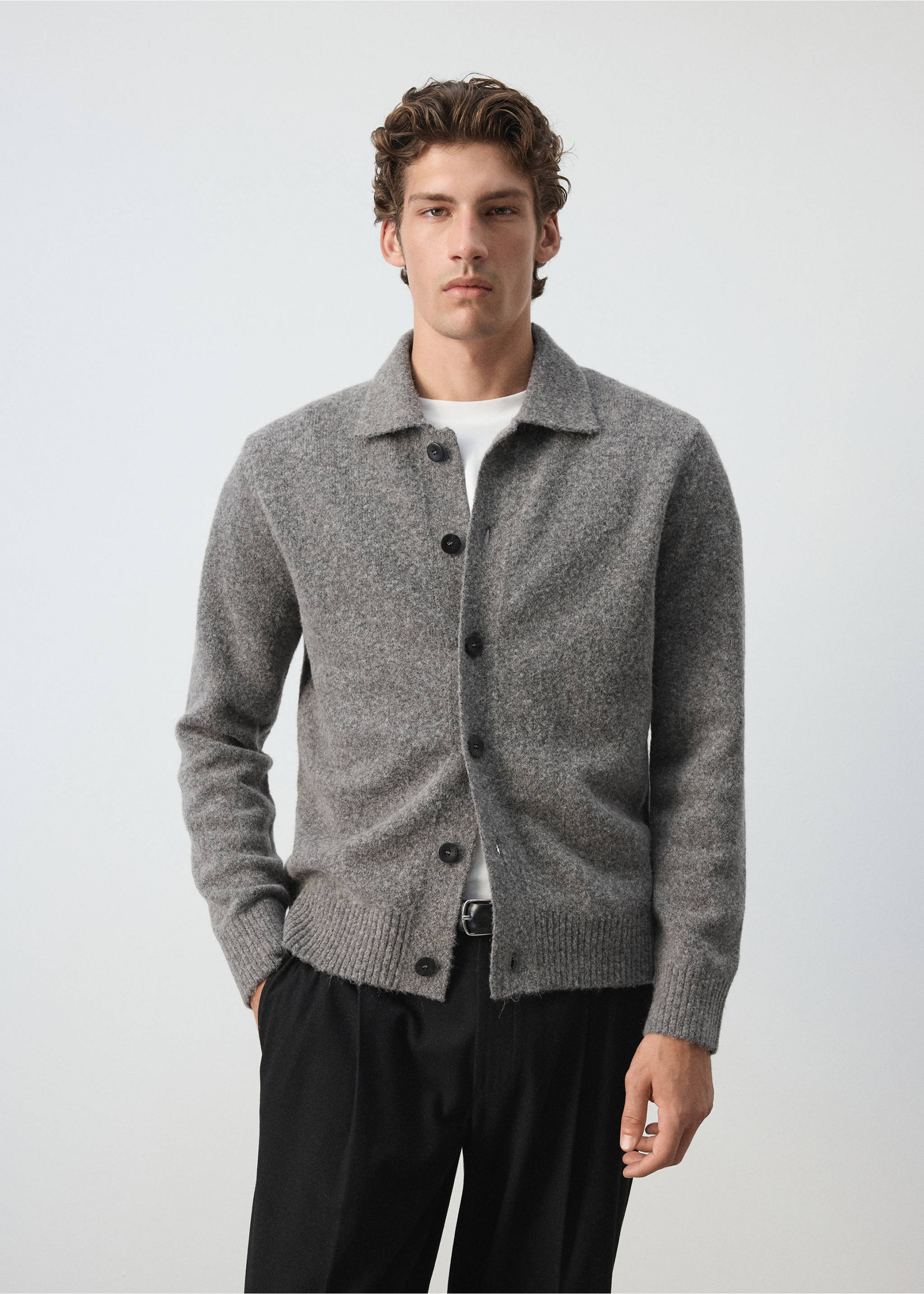 Grey knitted shirt with a classic collar and dark button fastenings., Medium Brown. Ref: 37057916-00.