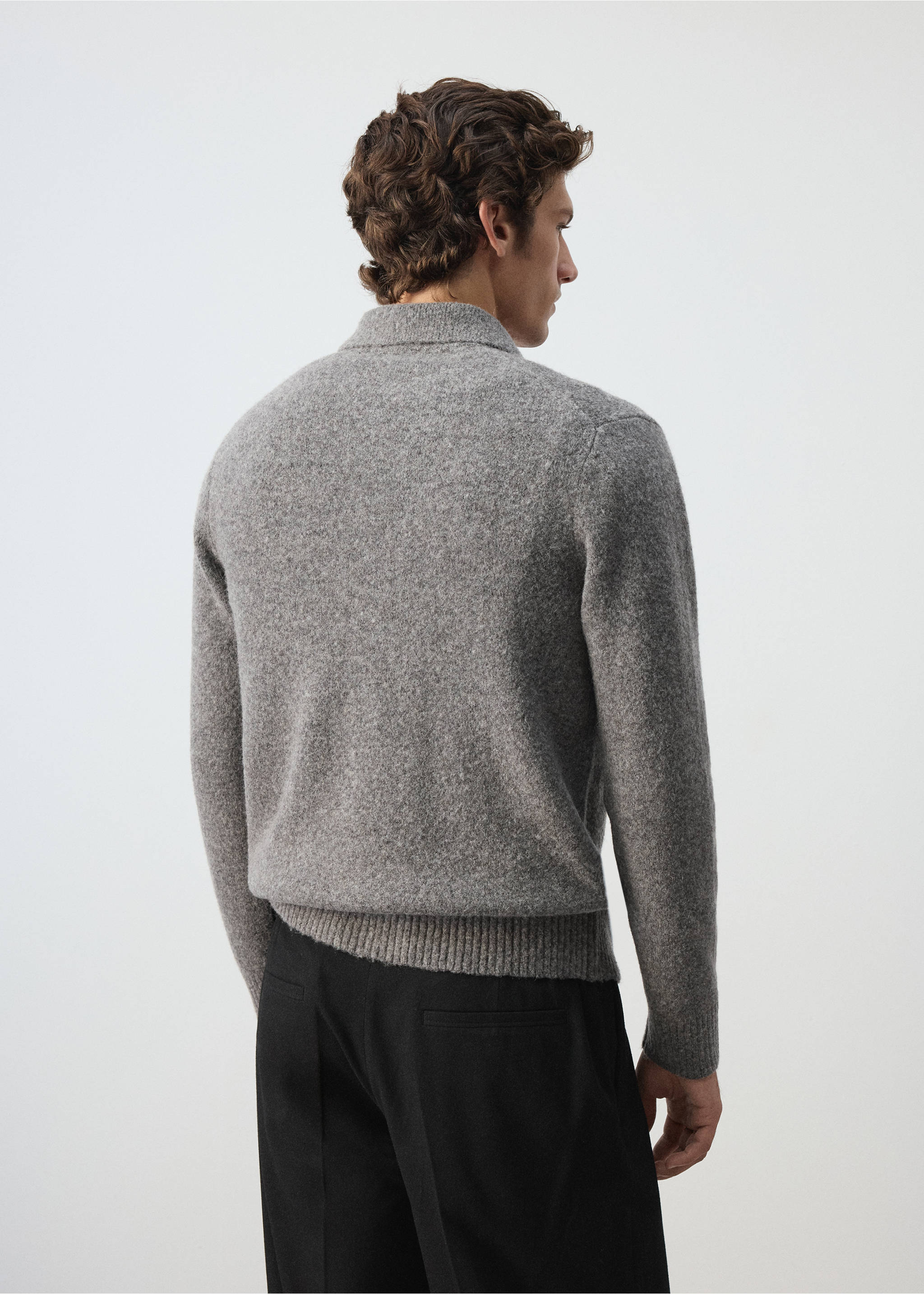 Grey knitted shirt shown from the back, featuring a ribbed collar., Medium Brown. Ref: 37057916-00.