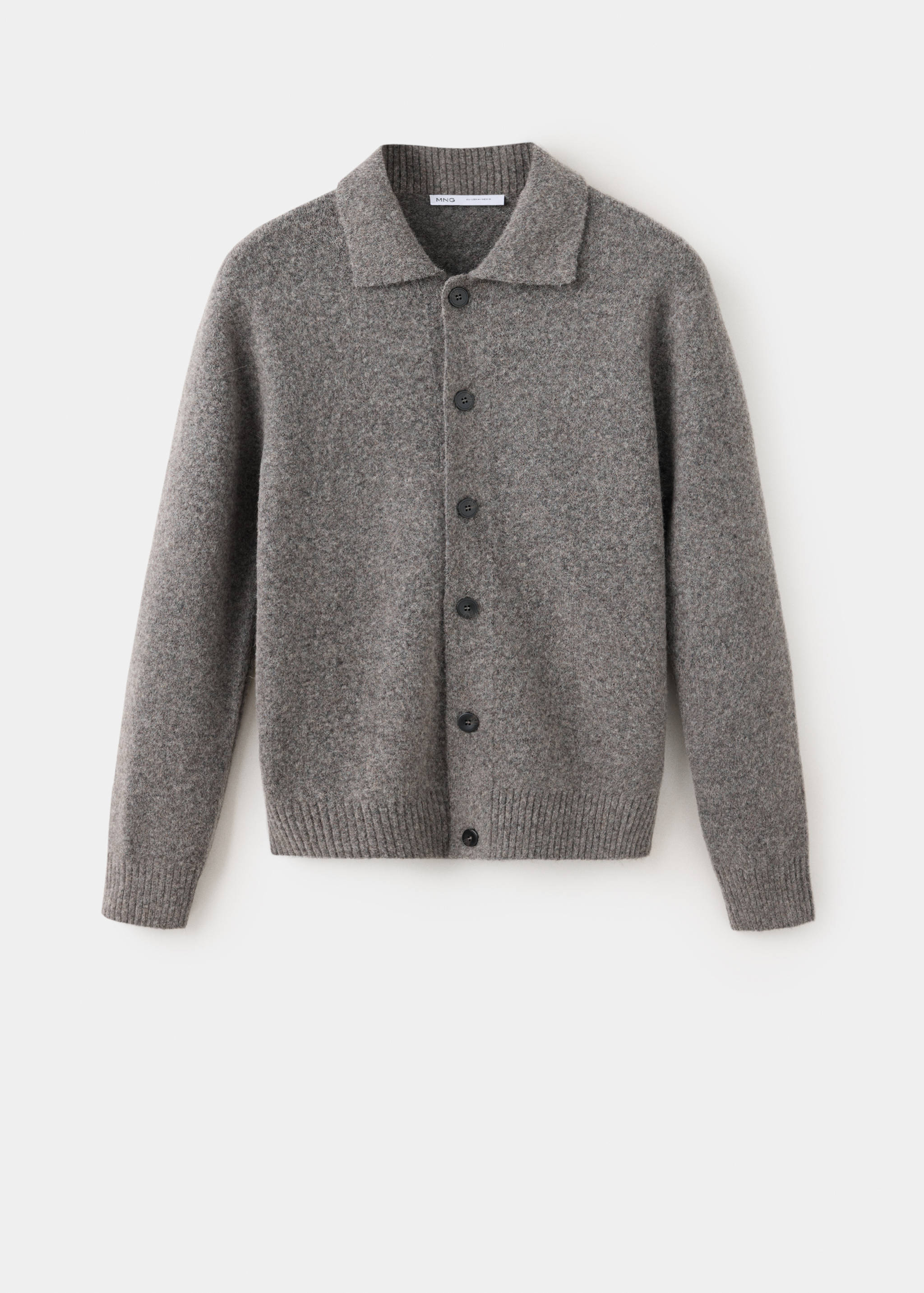 Grey knitted shirt with a lapel collar and front buttons.