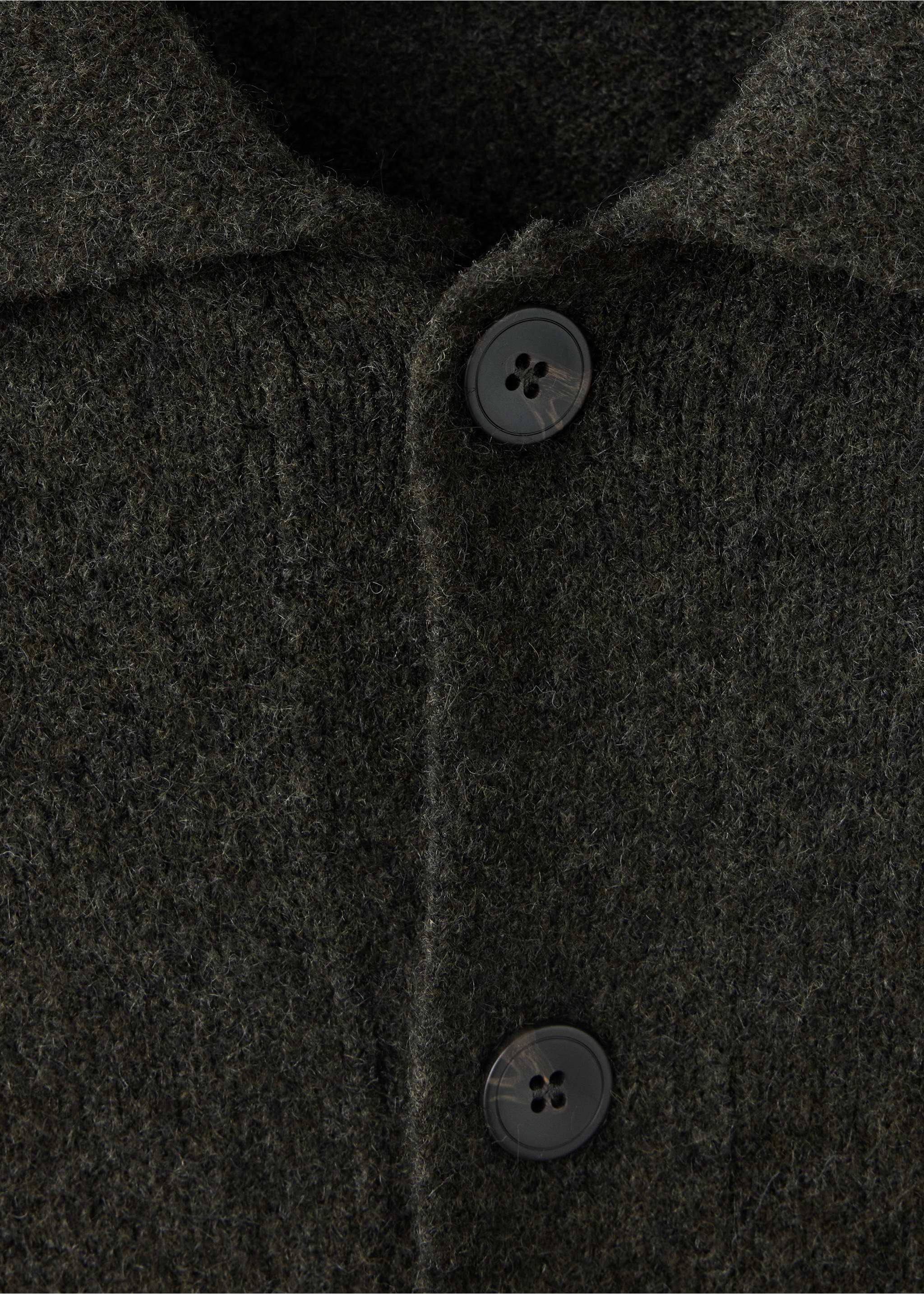 Dark green knitted shirt detail featuring a collar and button placket., Khaki. Ref: 37057916-00.