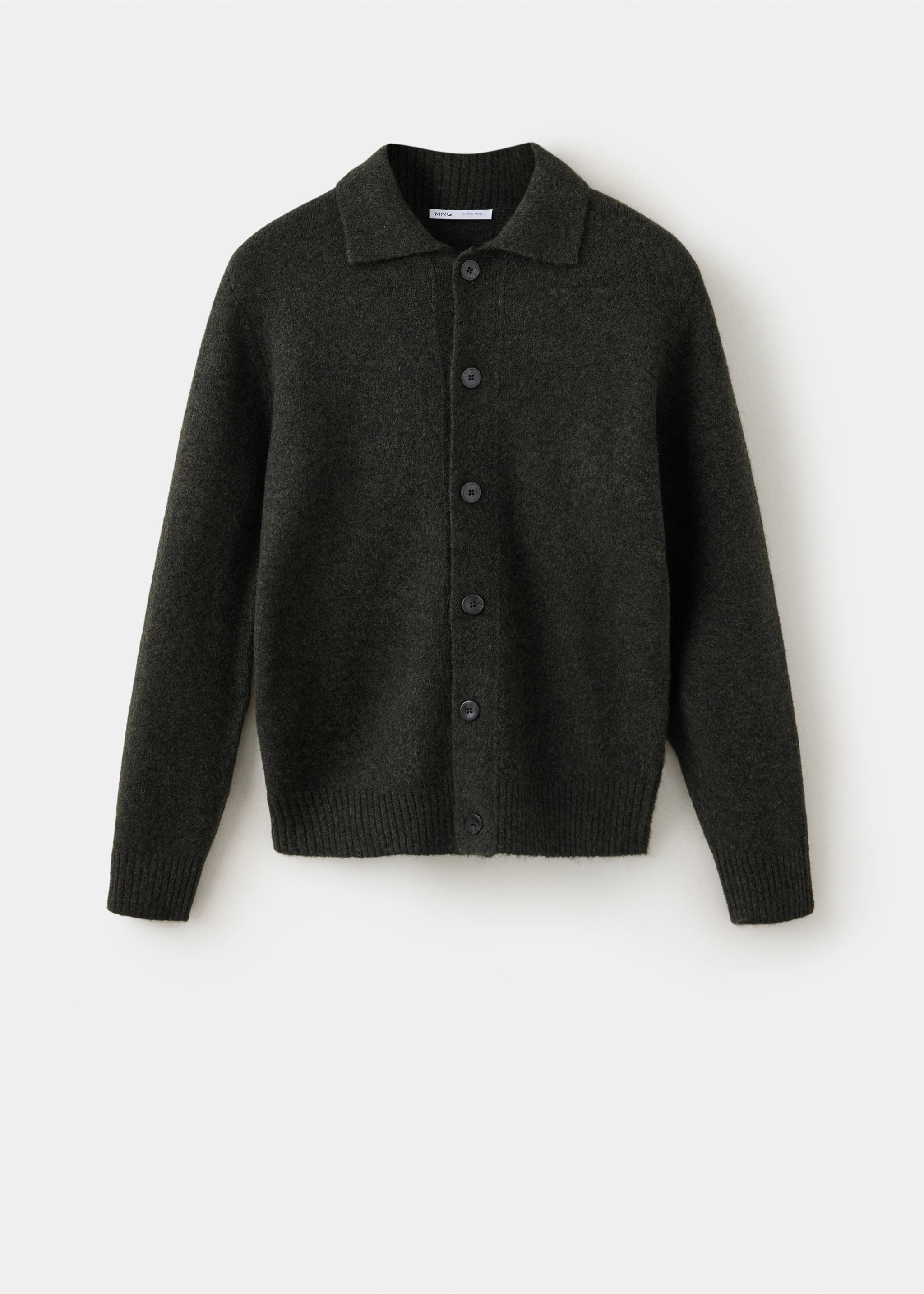 Dark green knit shirt with a pointed collar and front button placket., Khaki. Ref: 37057916-00.