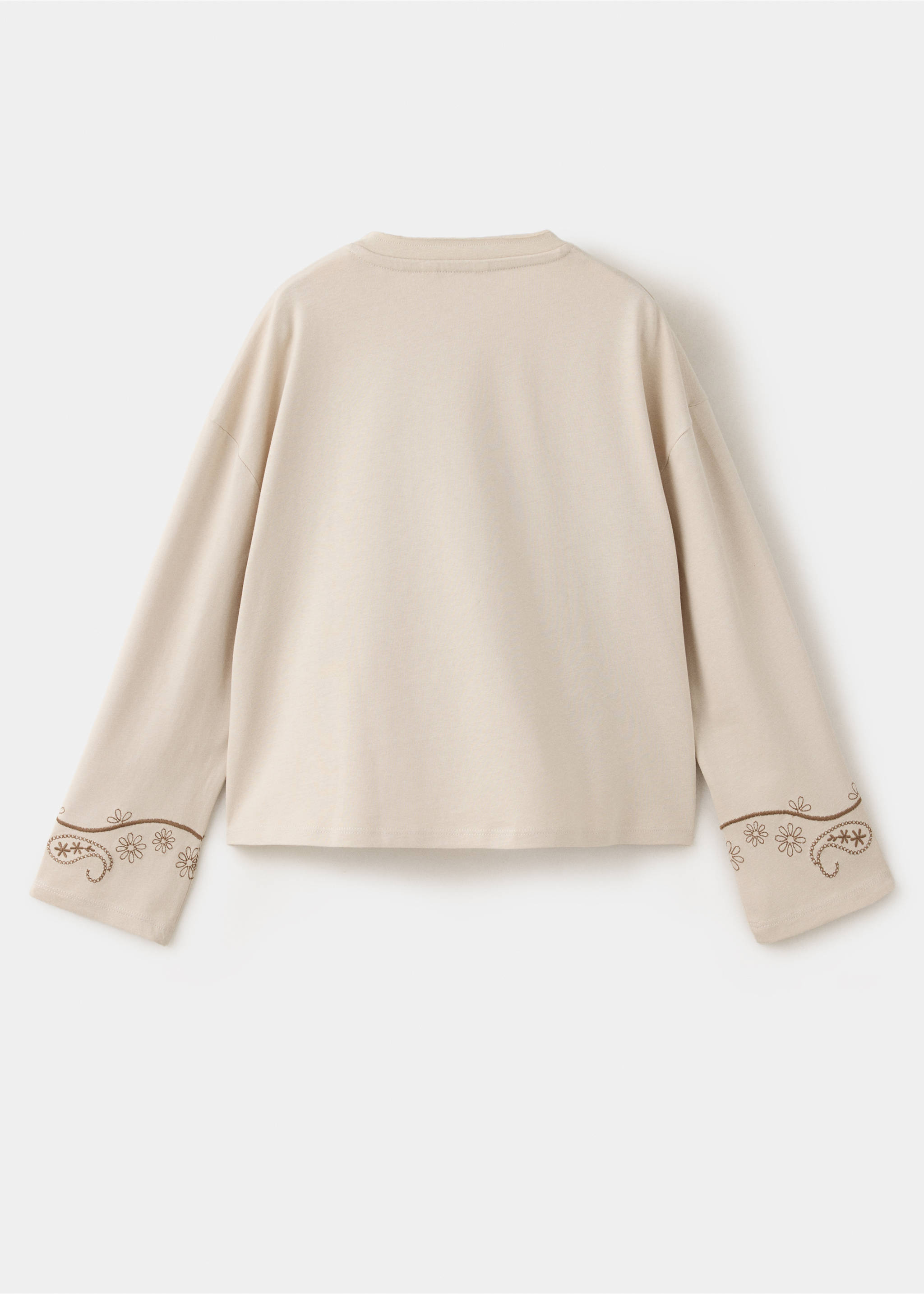 Back of a beige kids' long-sleeve t-shirt with embroidered cuffs., Sand. Ref: 37057920-00.