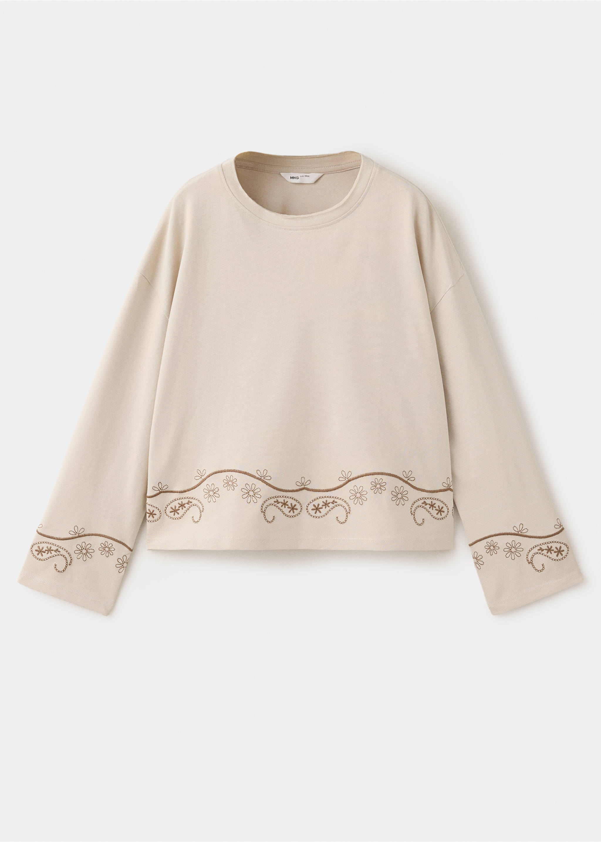Beige long-sleeved t-shirt with brown embroidered floral hem and cuffs., Sand. Ref: 37057920-00.