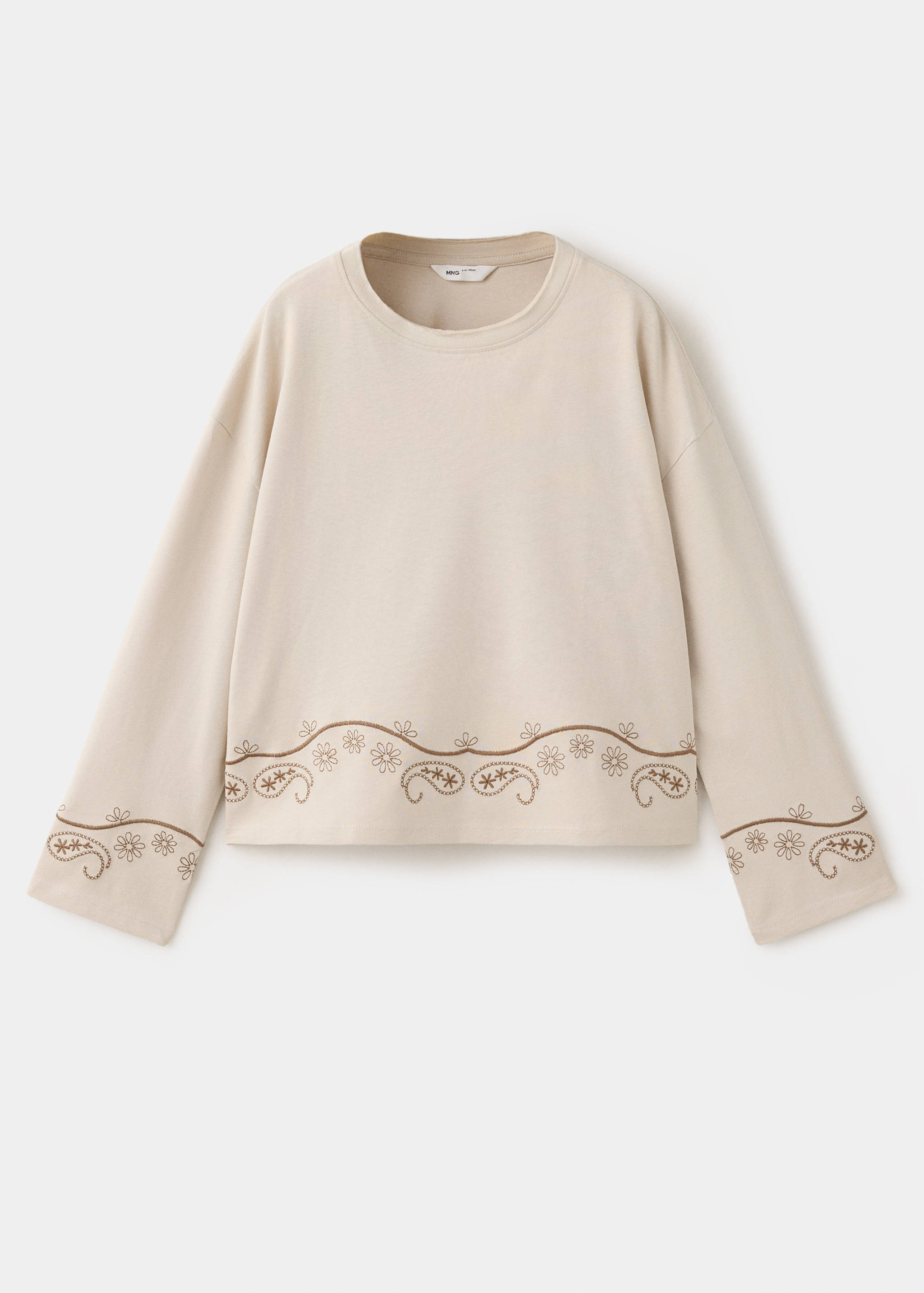 Beige long-sleeved t-shirt with brown embroidered floral hem and cuffs.