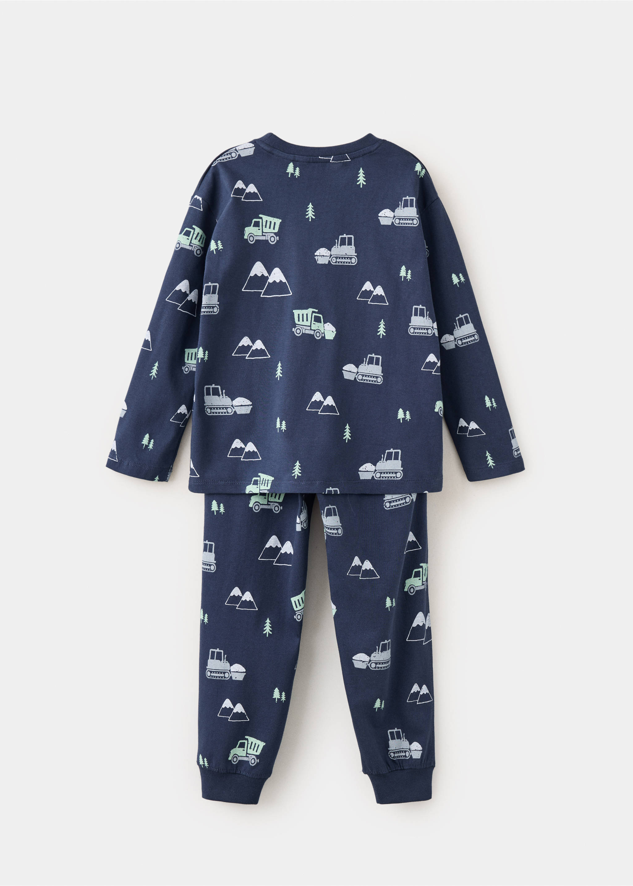 Back view of a printed navy blue children's pyjama set with construction vehicles., Navy. Ref: 37057921-00.