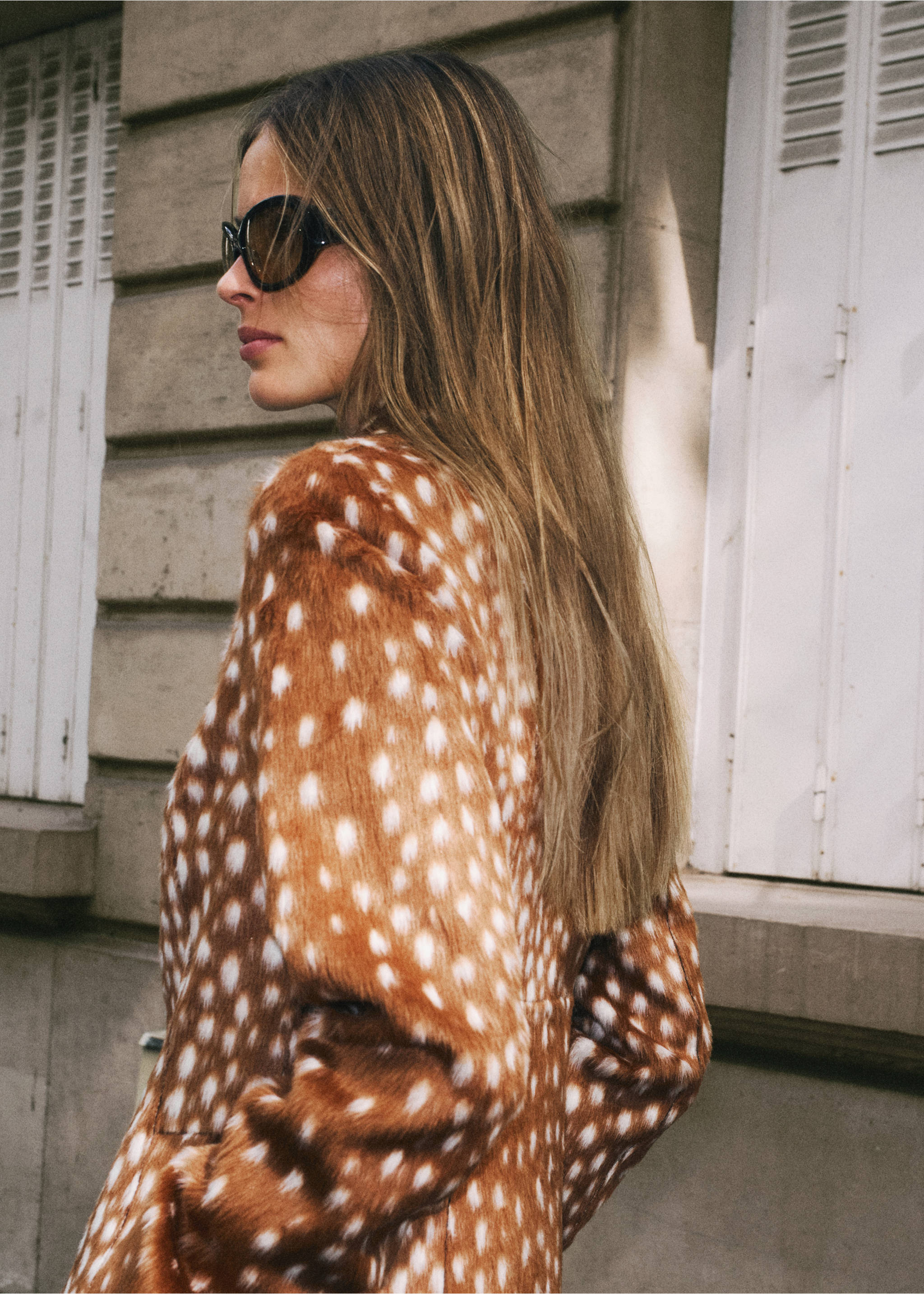 Brown and white spotted faux-fur coat in a close-up model view, Medium Brown. Ref: 37057927-00.