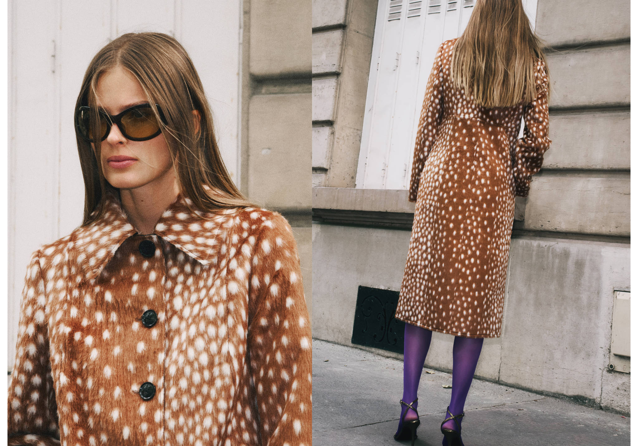 Deer-print faux-fur coat with pointed collar and buttons, shown front and back.