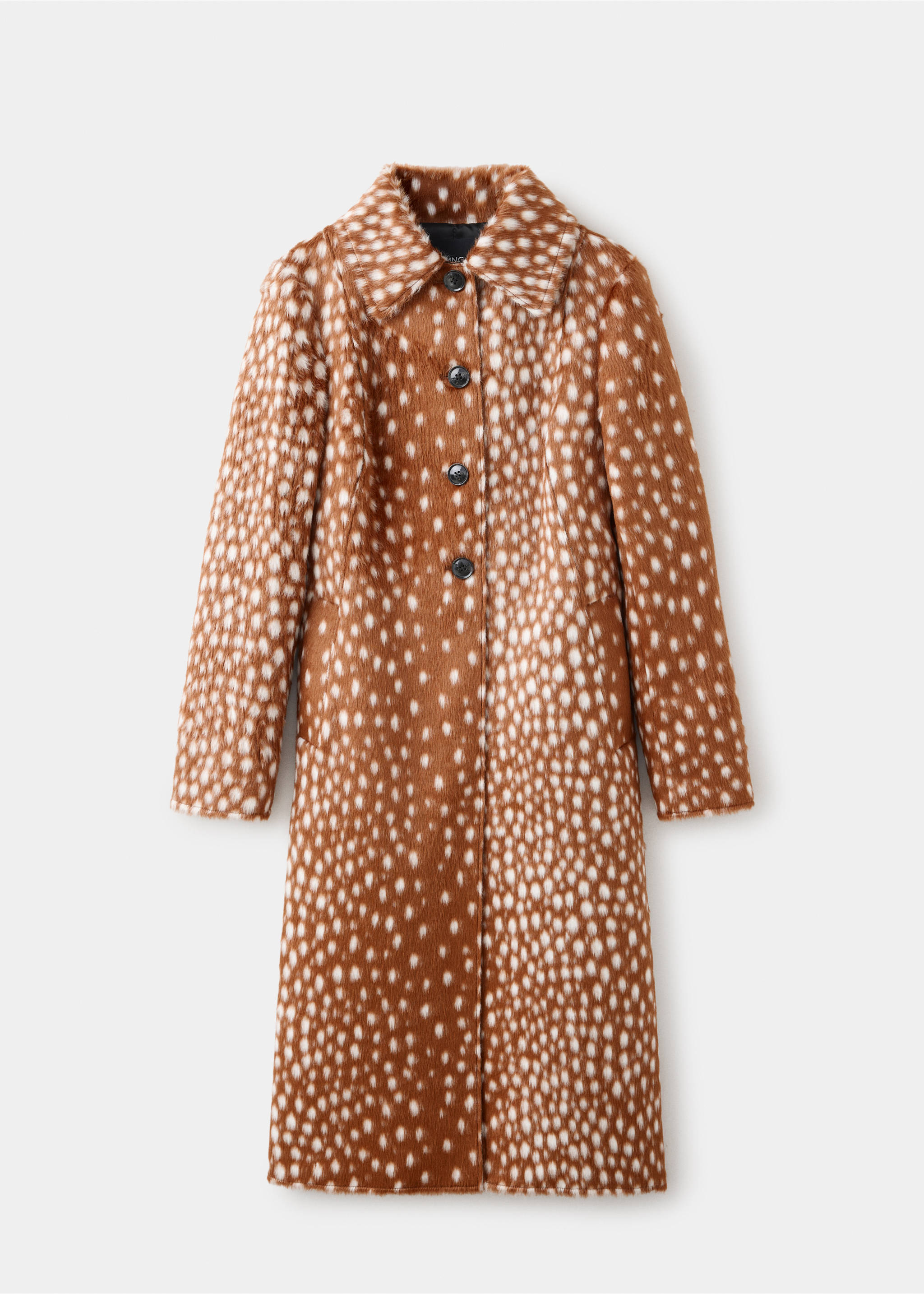 Brown faux-fur coat featuring a white spotted fawn pattern and button fastening., Medium Brown. Ref: 37057927-00.