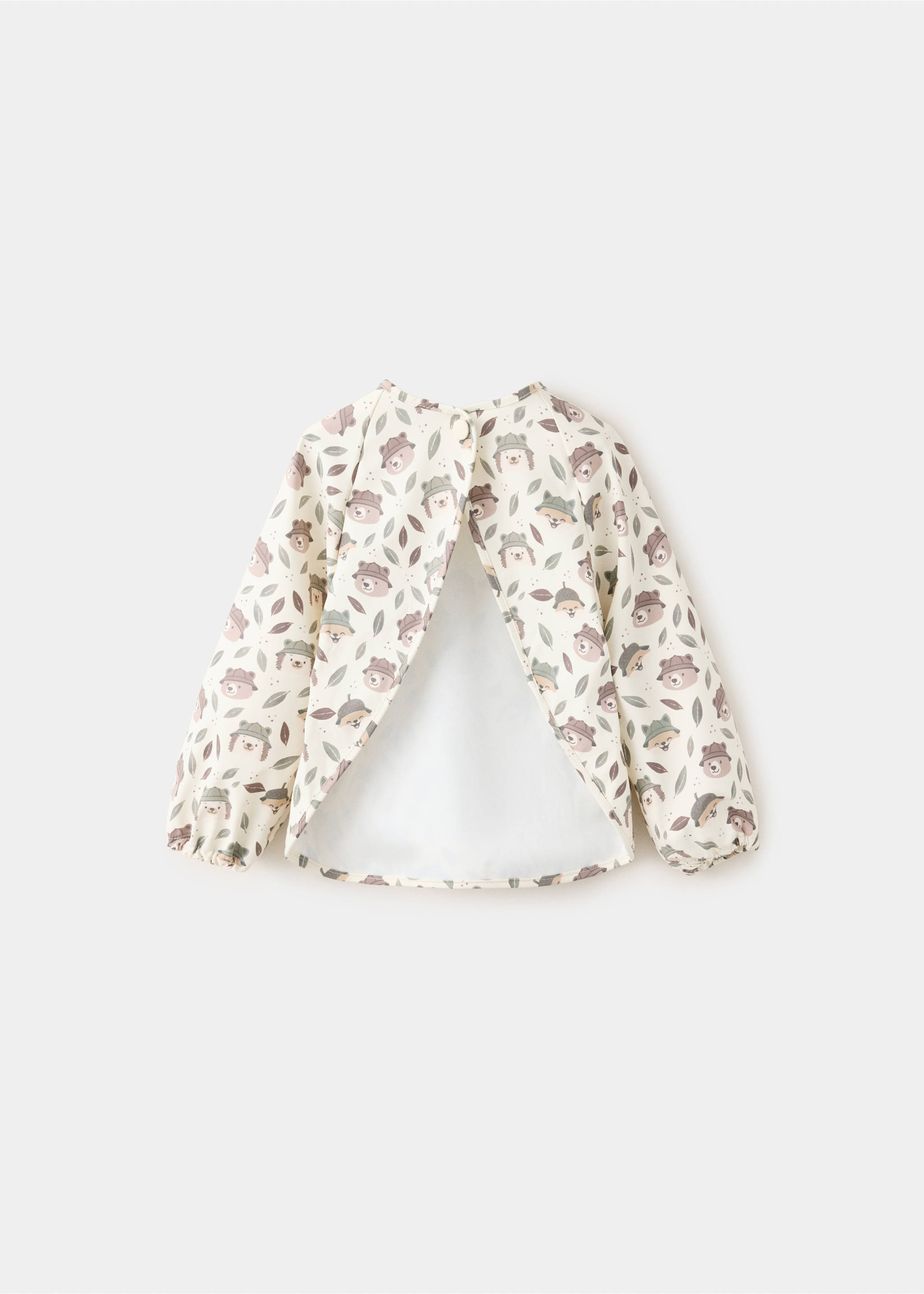 Woodland-print long-sleeved kids' bib with elastic cuffs and open back., Ecru. Ref: 37057931-00.