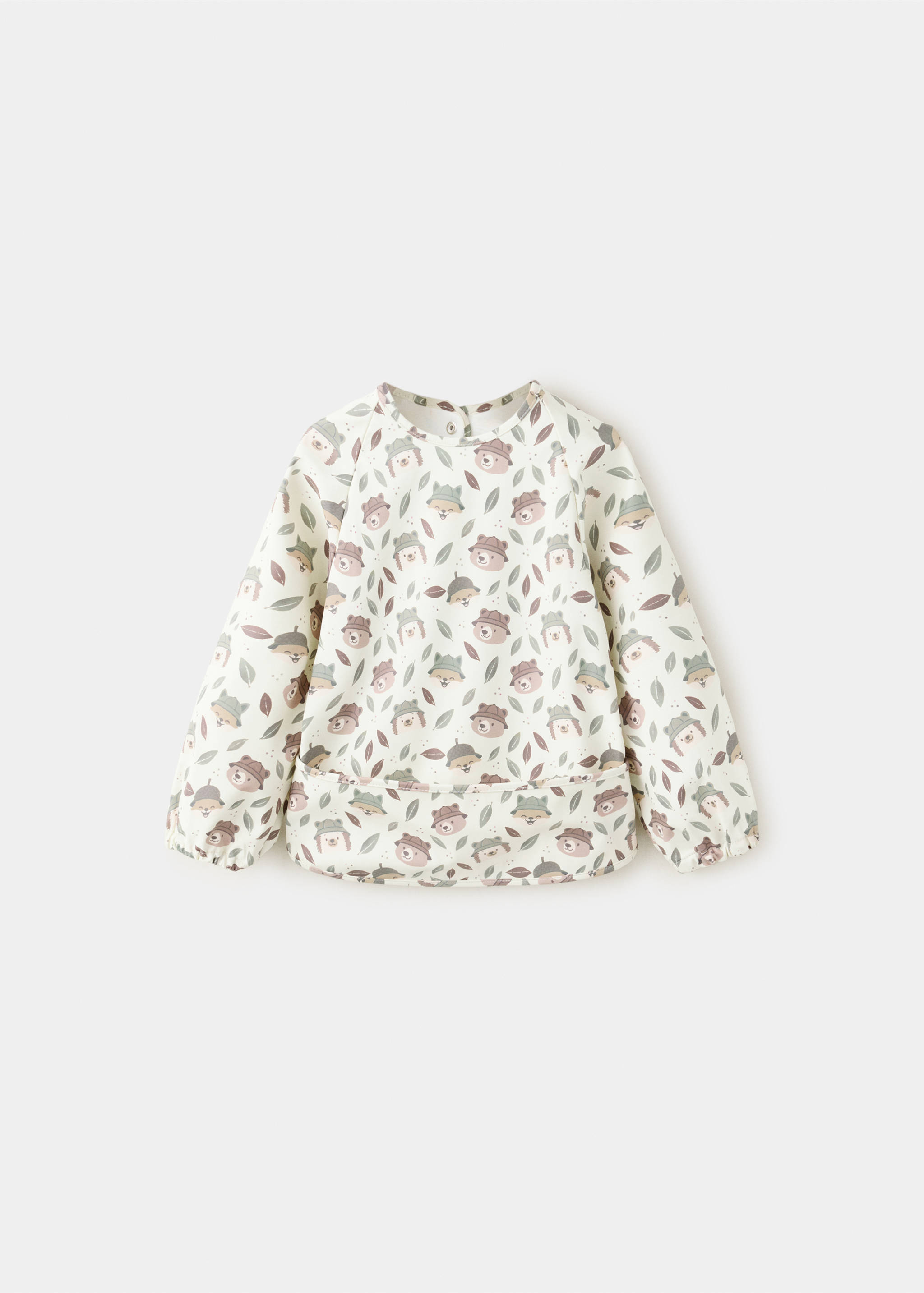 Printed long-sleeved baby bib with a front catch pocket., Ecru. Ref: 37057931-00.