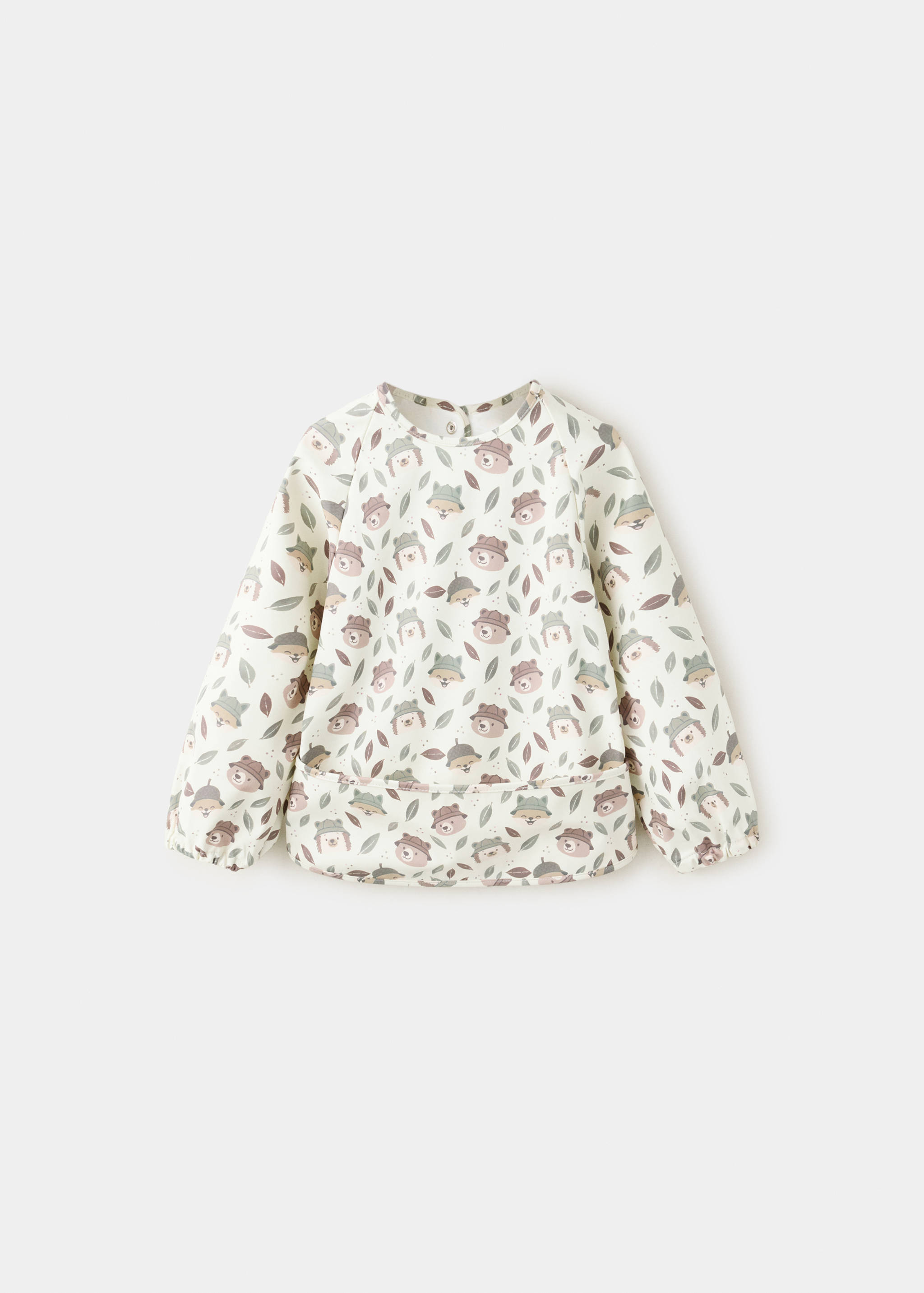 Printed long-sleeved baby bib with a front catch pocket.