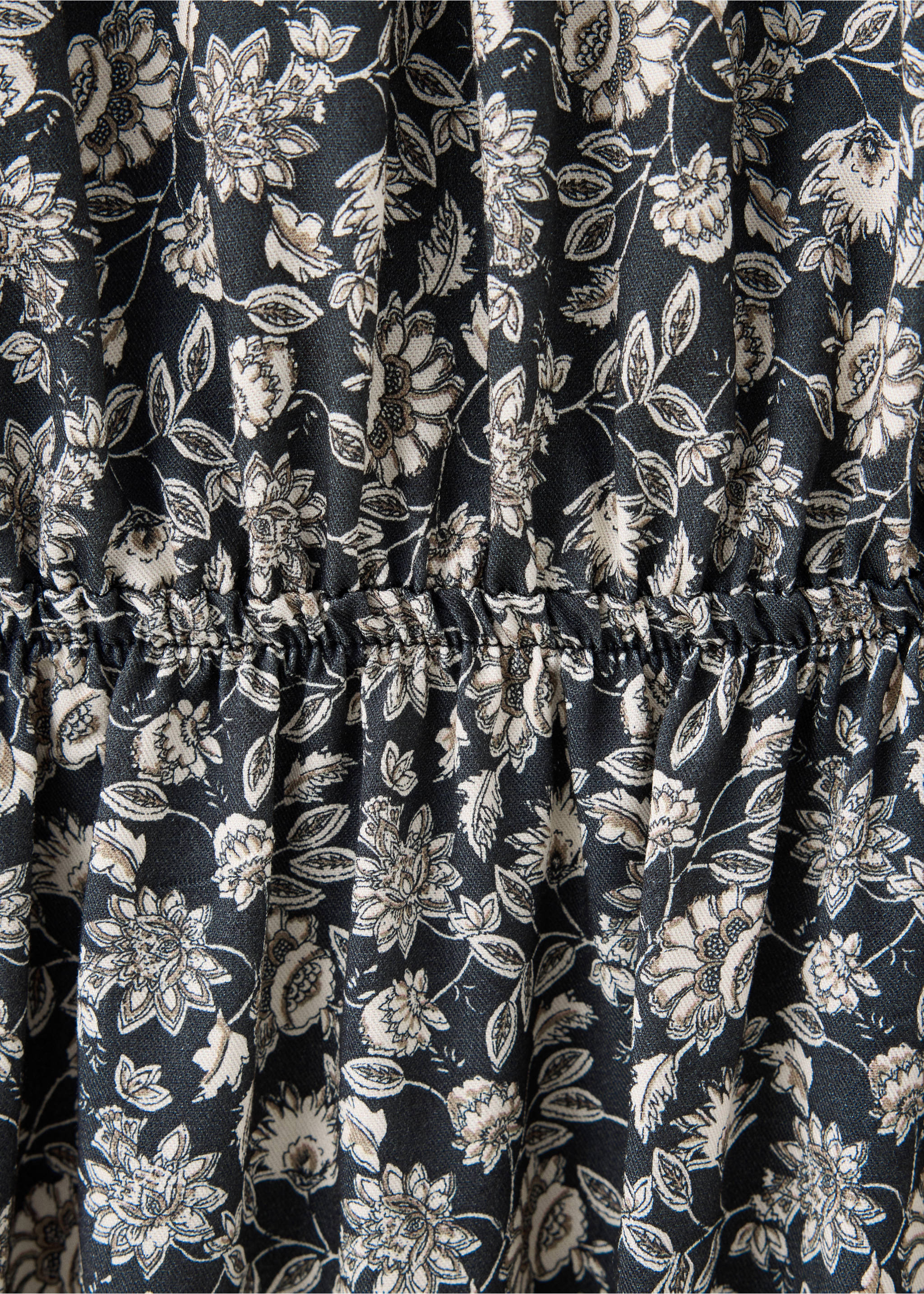 Close-up of a black floral dress with an elasticated waist., Black. Ref: 37057936-00.