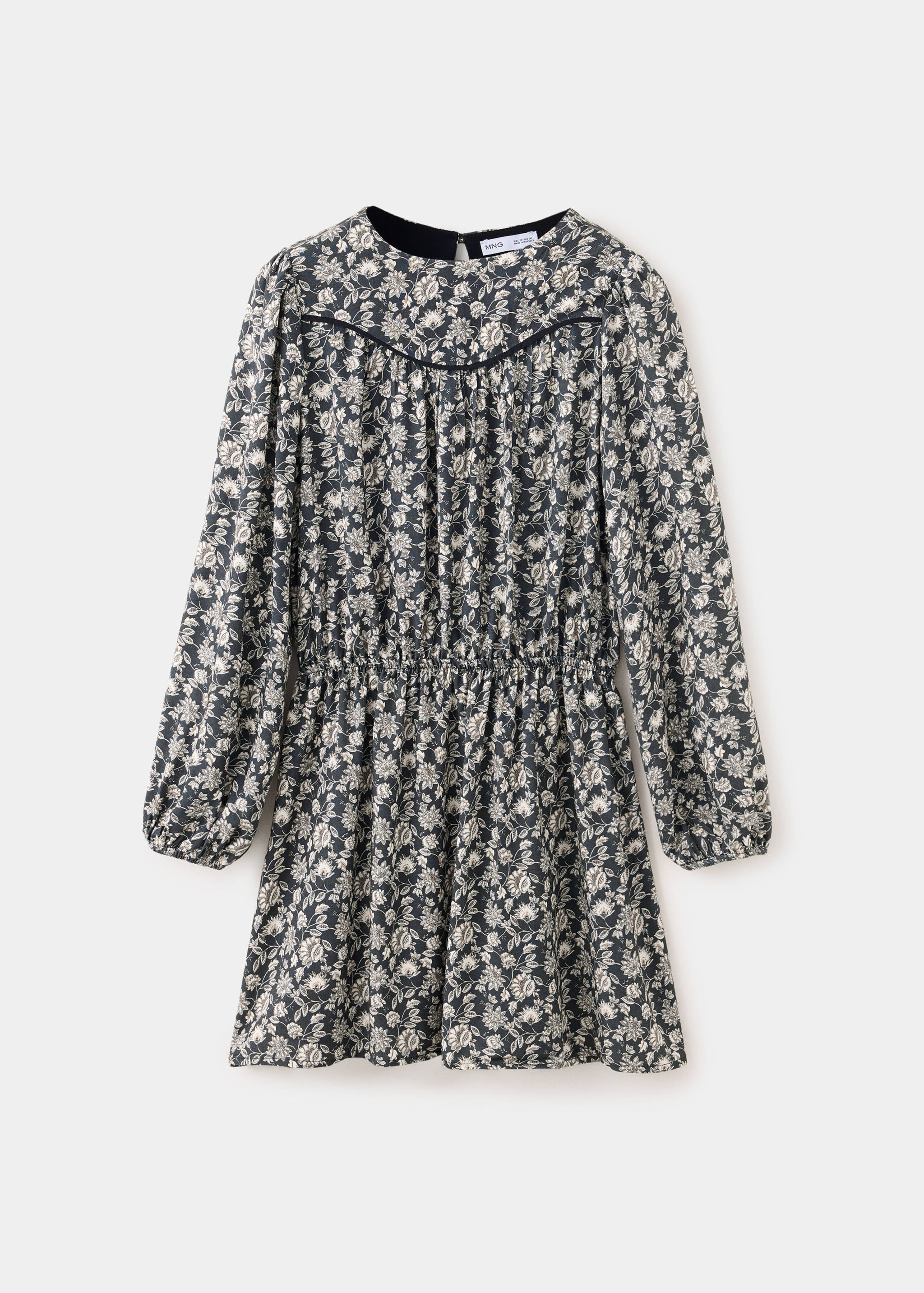 Dark floral print kids' dress with long sleeves, round neckline, and elasticated waist.