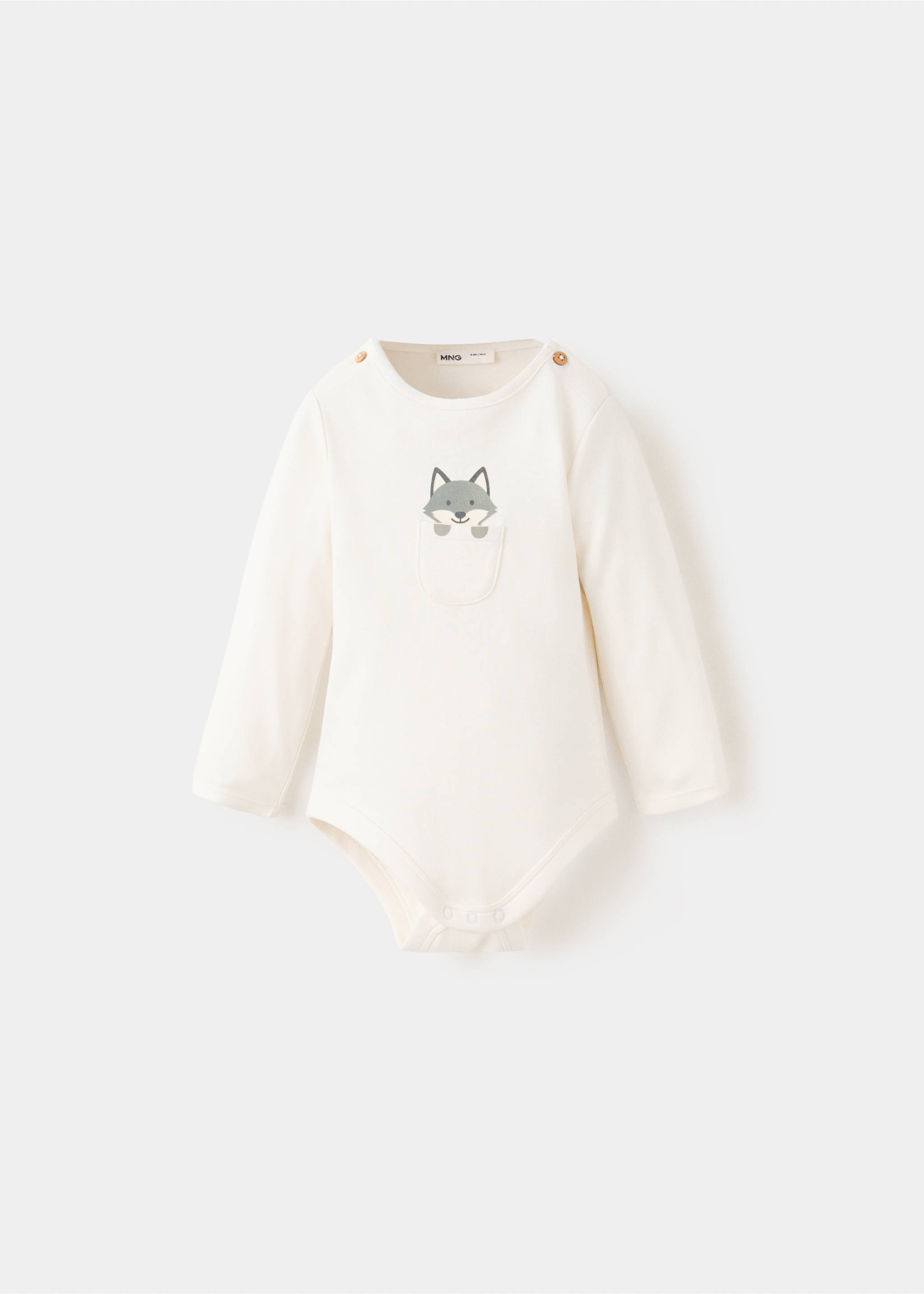 Off-white long-sleeved baby body with a fox pocket graphic., Off White. Ref: 37057937-00.