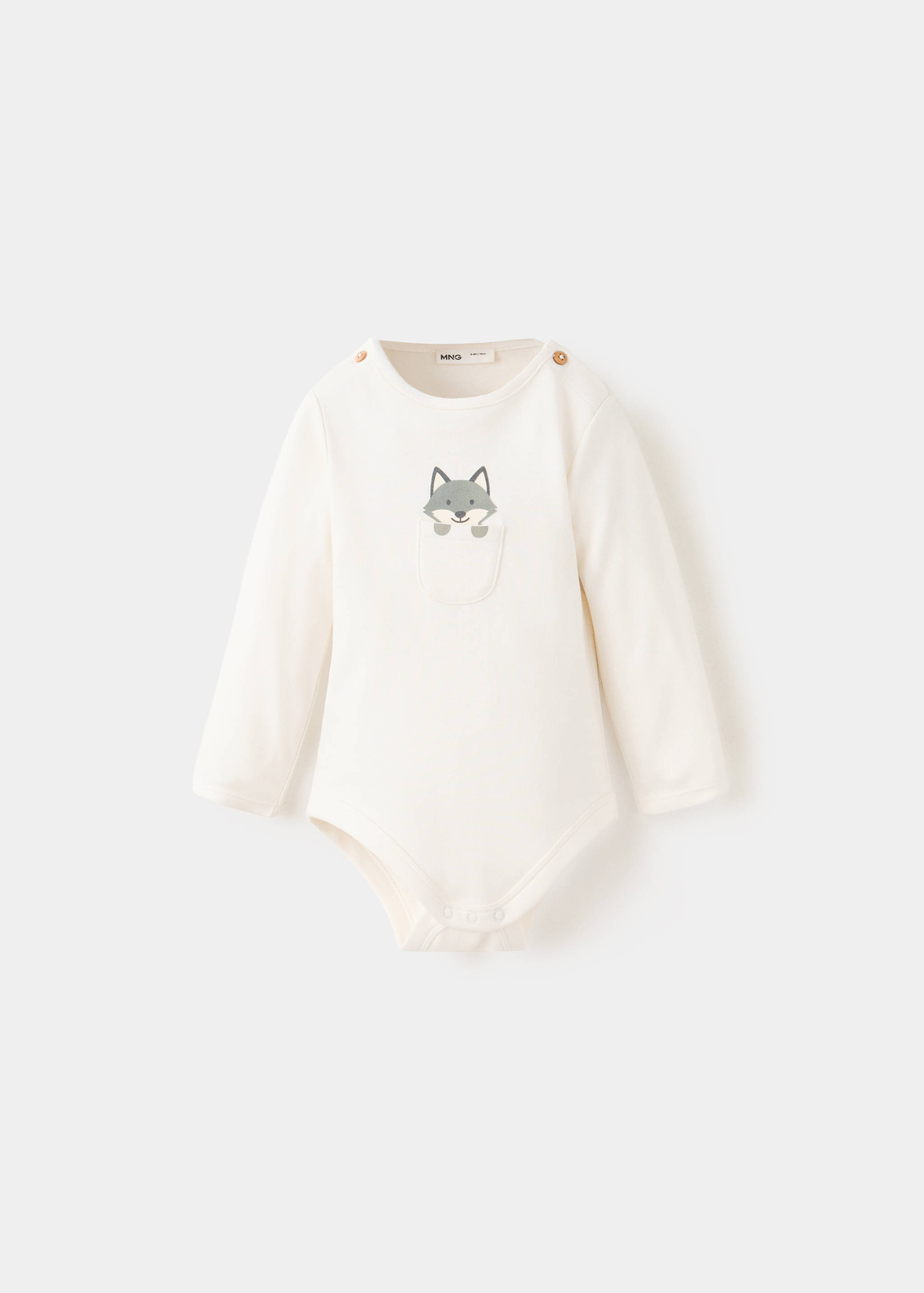 Off-white long-sleeved baby body with a fox pocket graphic.