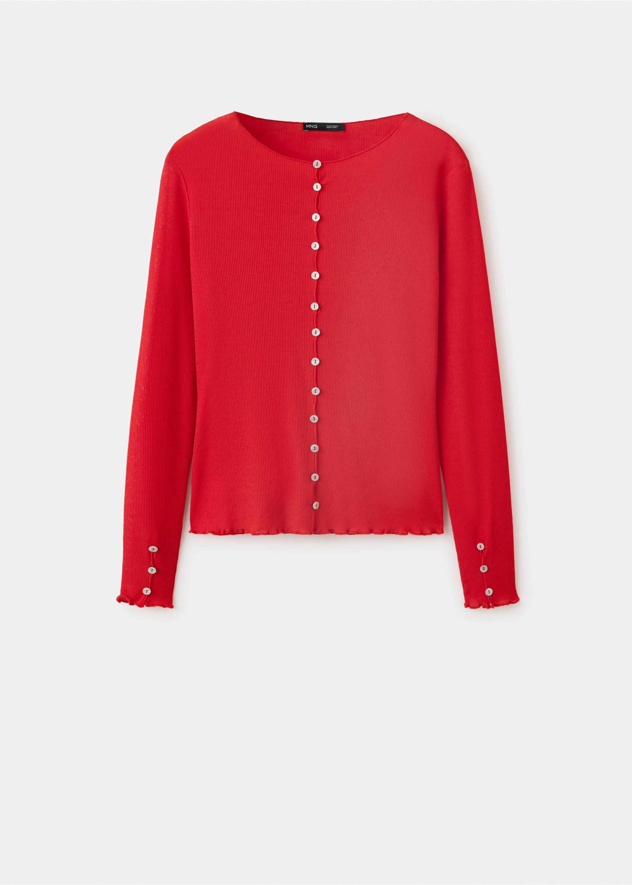 Bright red long-sleeved fine-knit t-shirt with buttoned placket and cuffs., Red. Ref: 37057938-00.