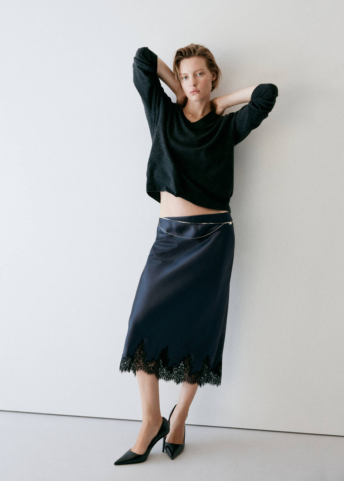 Satin skirt with lace trim