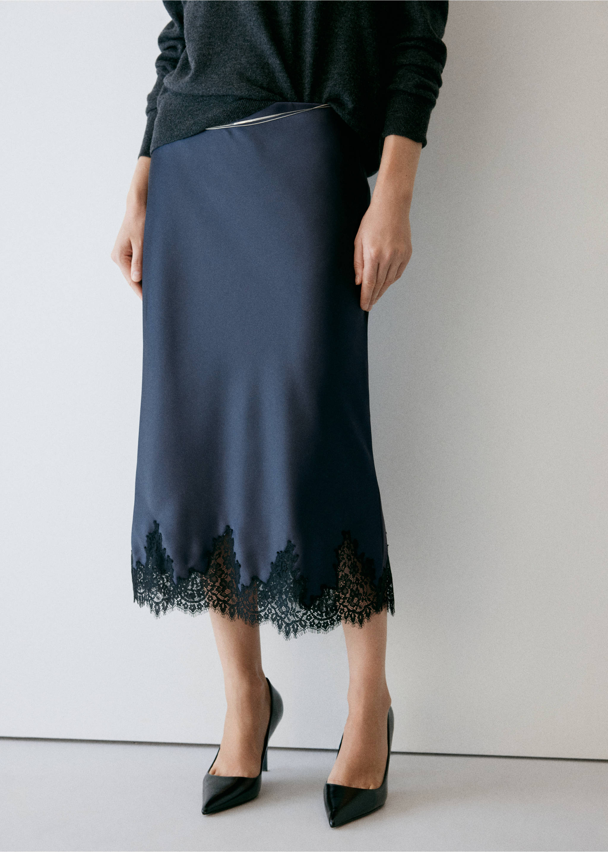 Navy blue satin midi skirt with a black lace hem., Navy. Ref: 37057942-00.