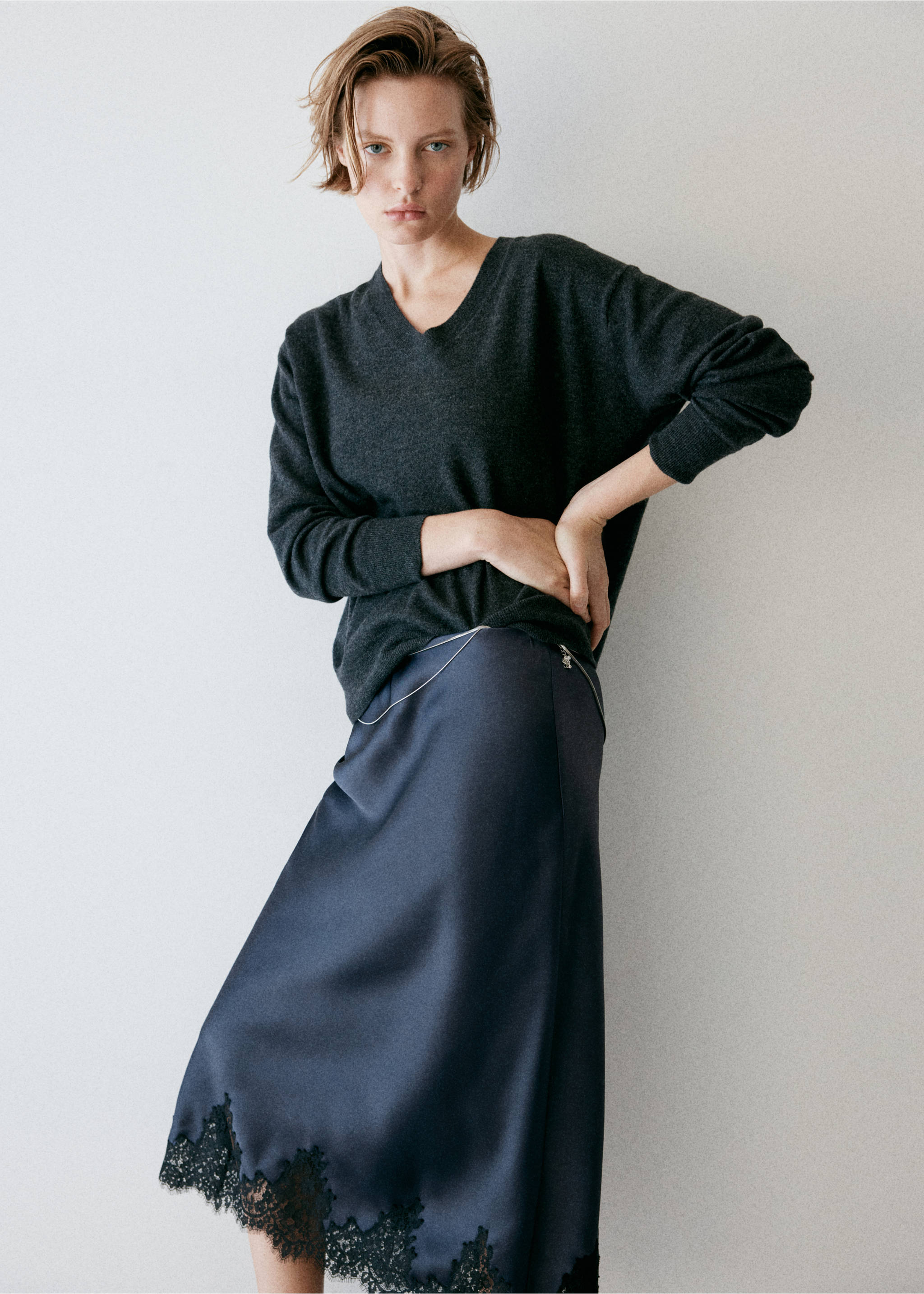 Dark navy blue satin midi skirt with black lace hem., Navy. Ref: 37057942-00.