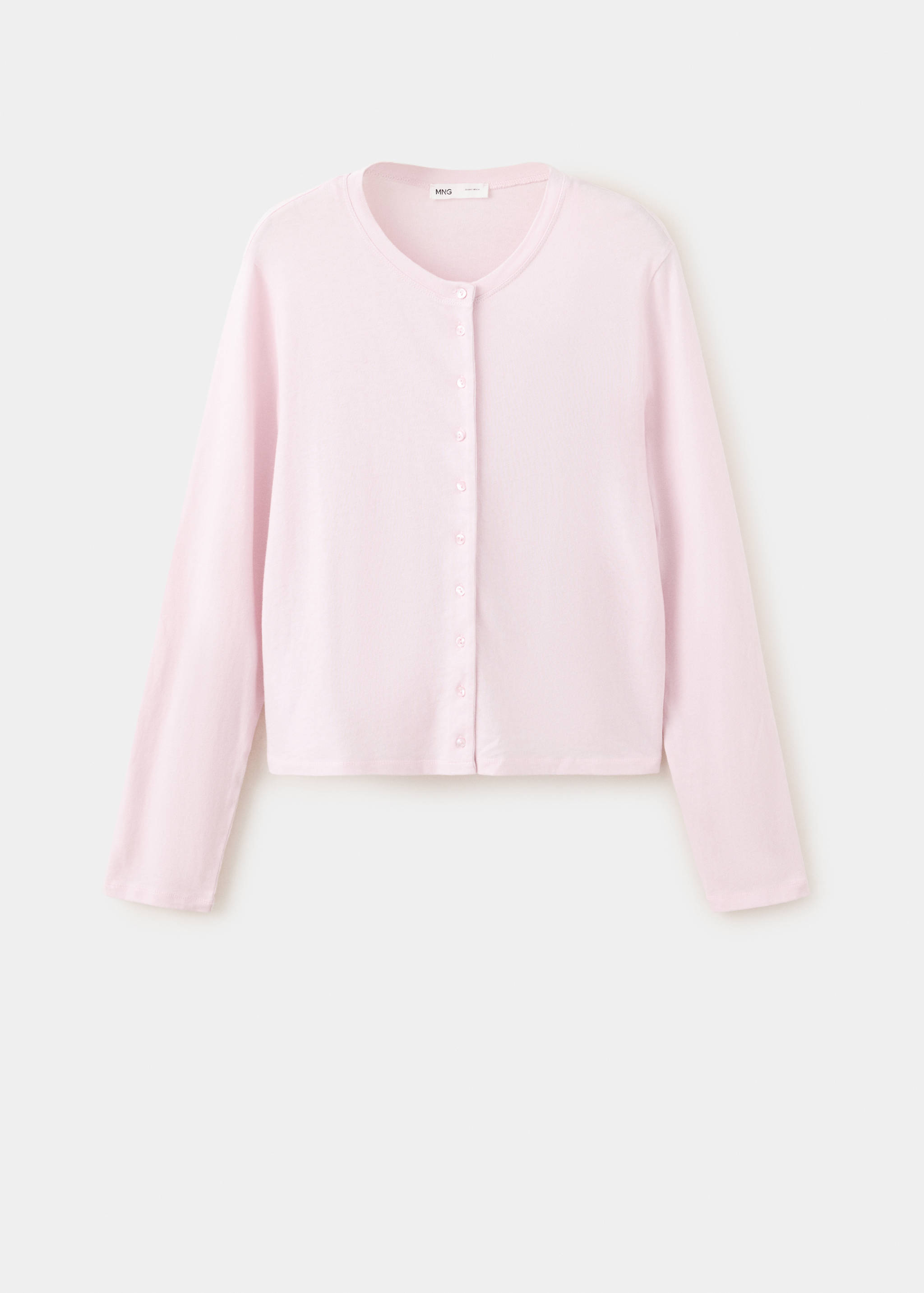 Light pink long-sleeved t-shirt with a round neckline and front button placket.