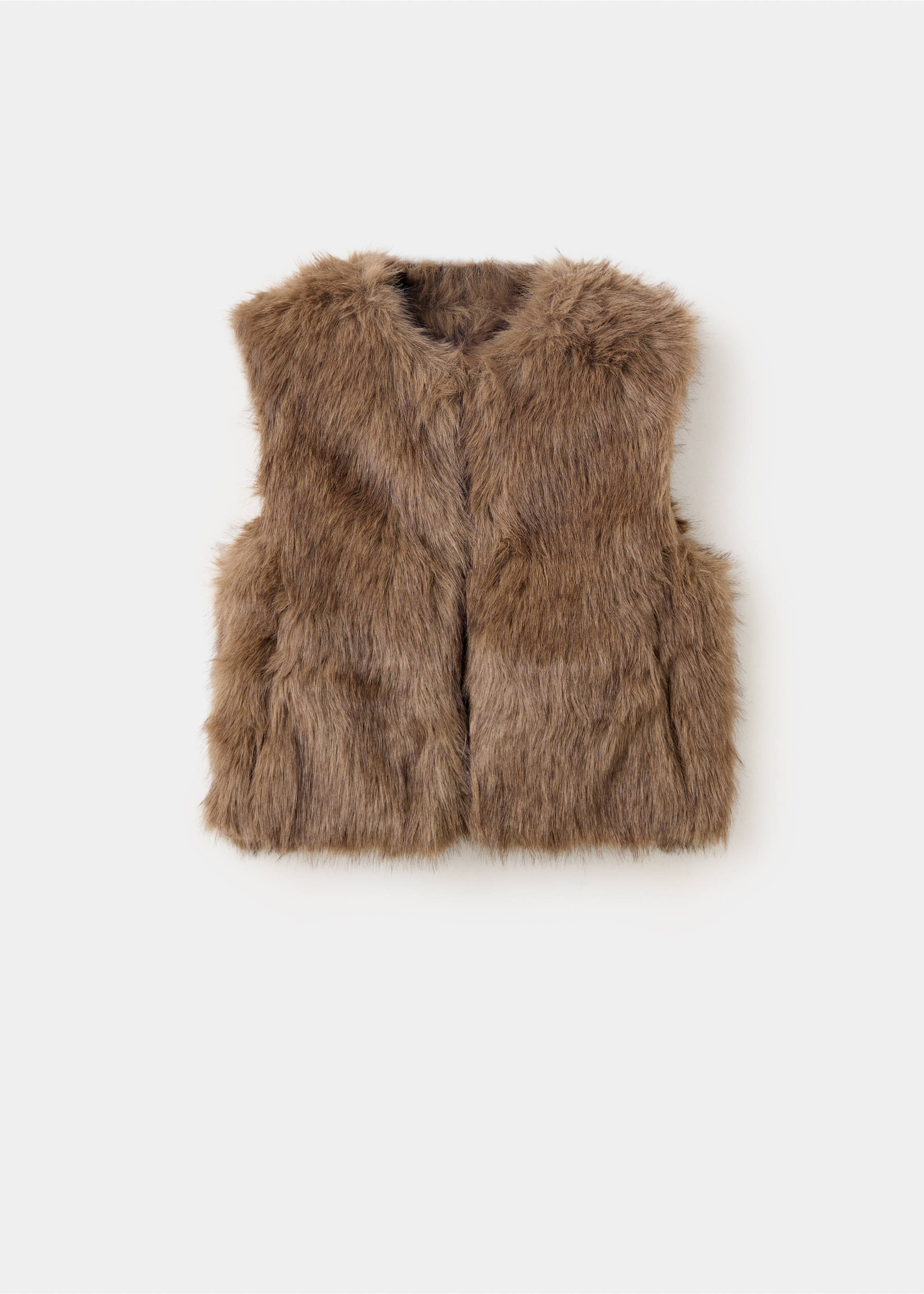 Brown faux-fur vest with a round neckline., Beige. Ref: 37058262-00.