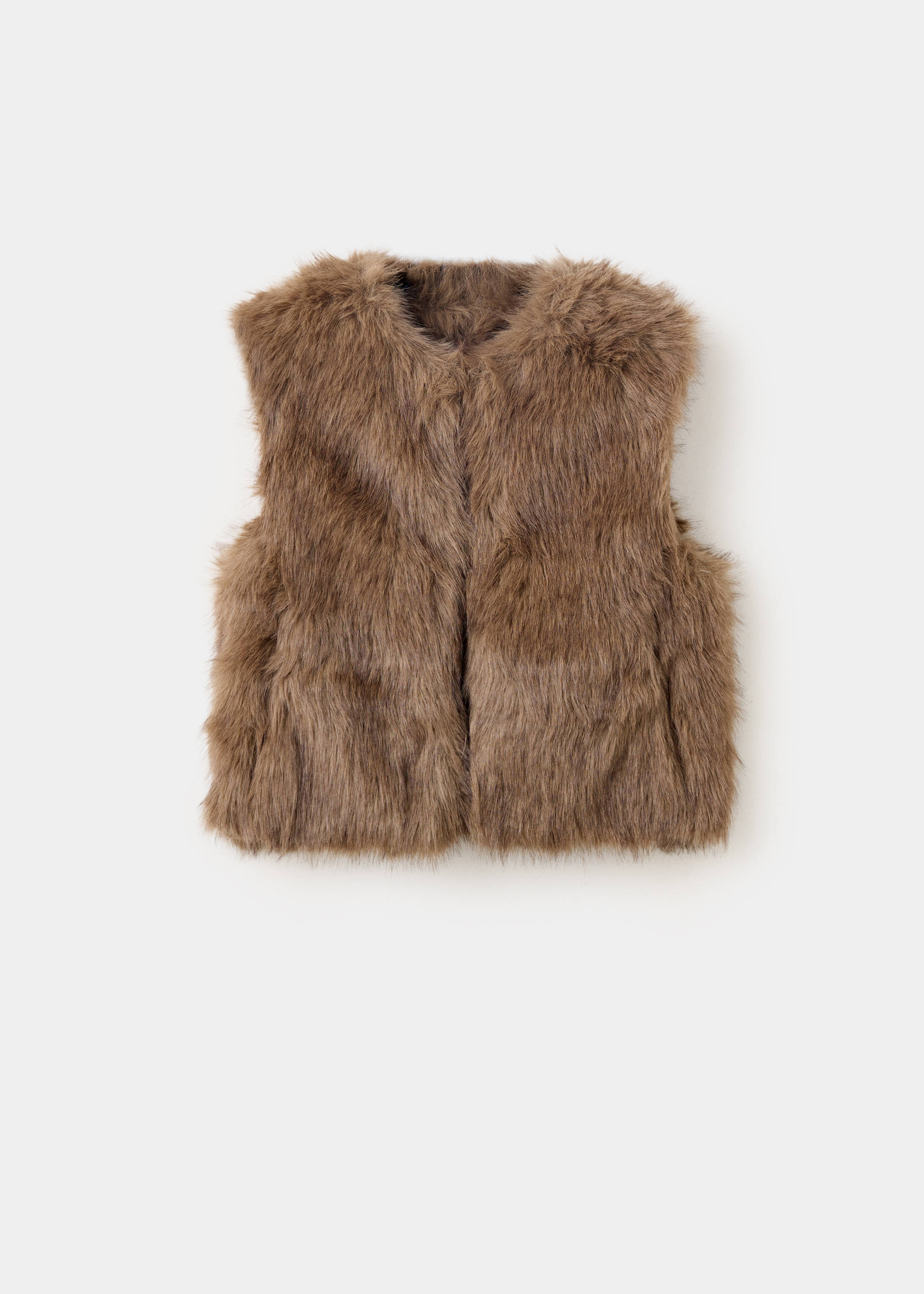 Brown faux-fur vest with a round neckline.