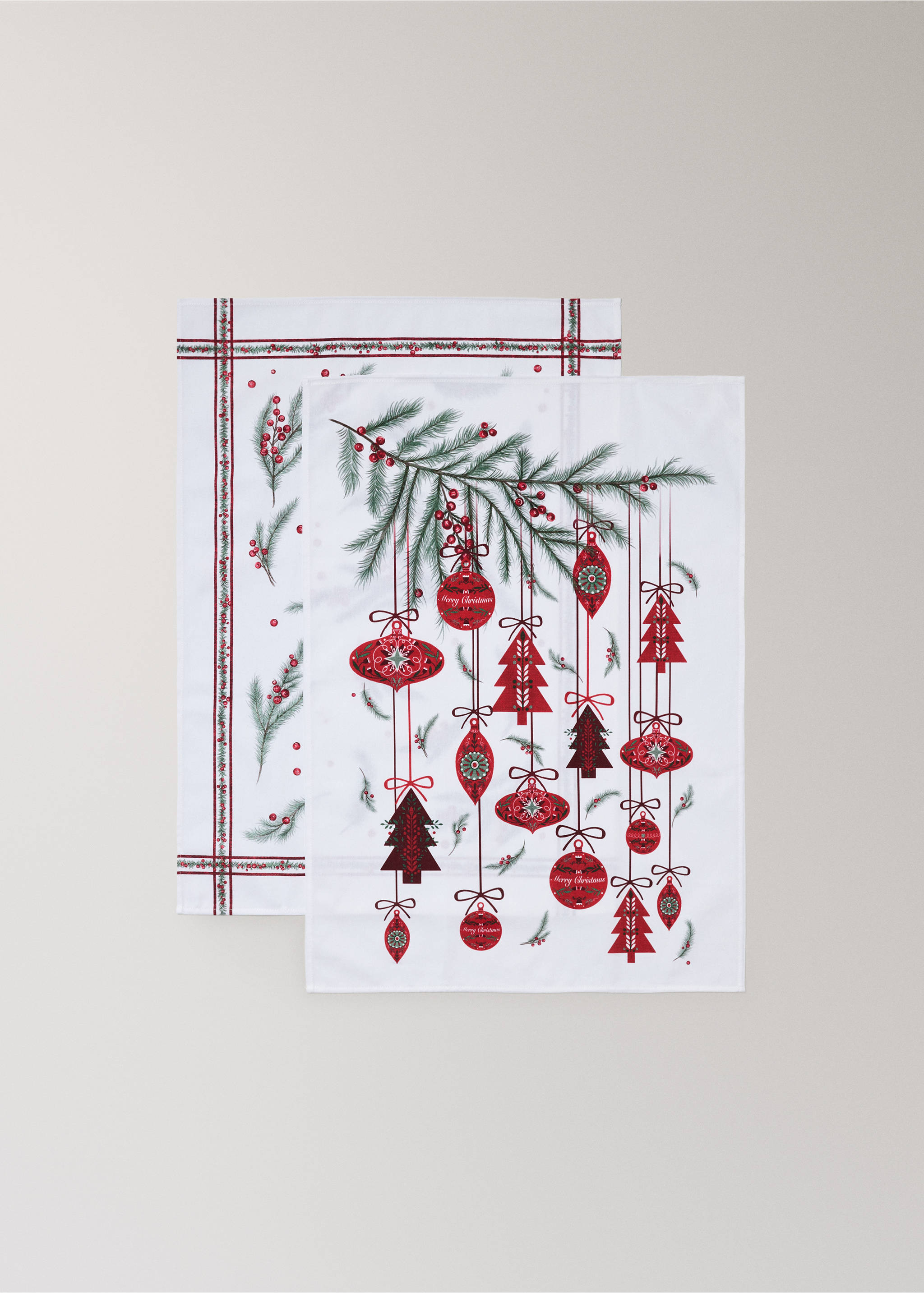 Set of two white Christmas kitchen towels with red bauble and pine branch prints., White. Ref: 37058270-00.