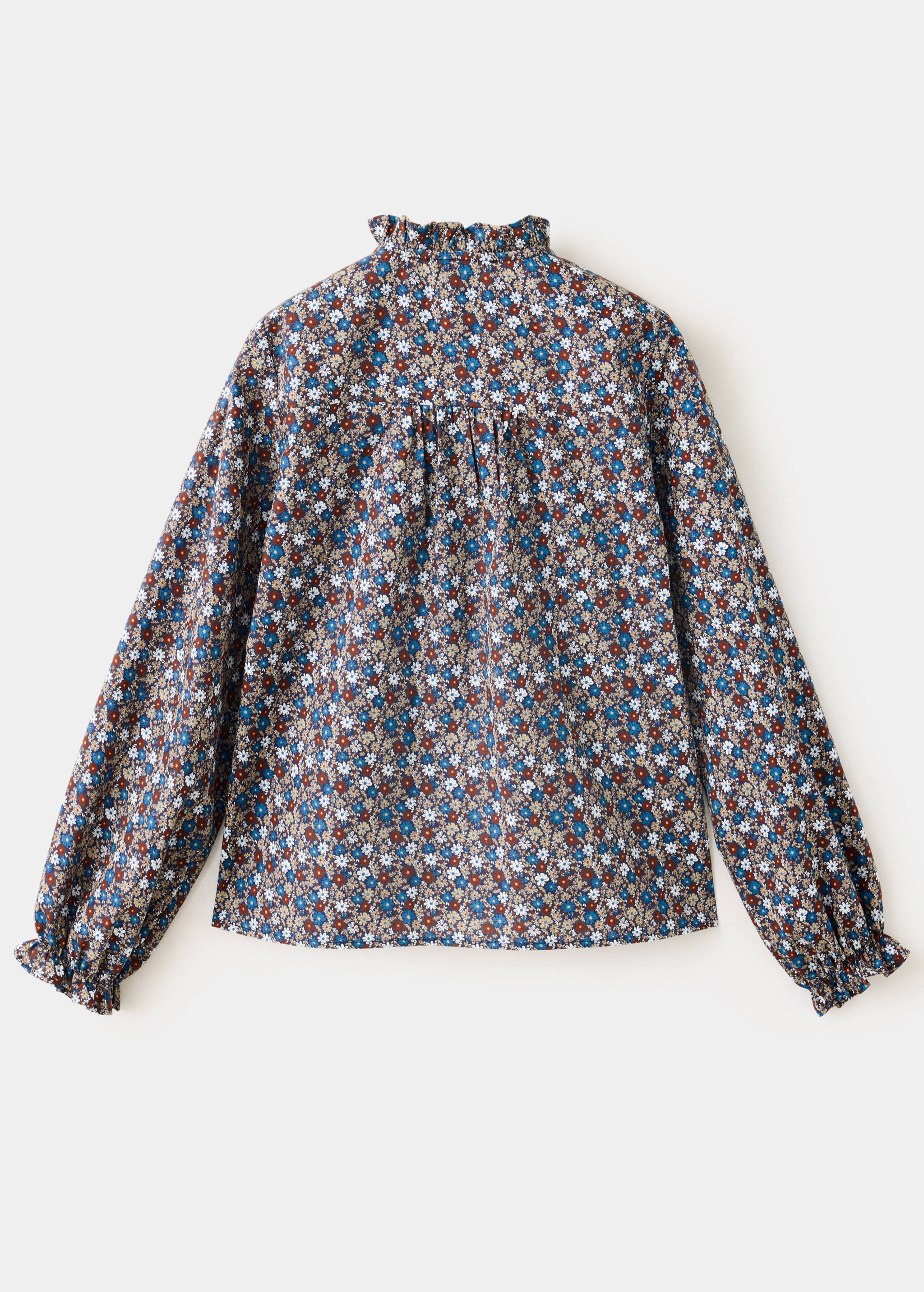 Back view of a kids' floral print shirt with a ruffled collar.