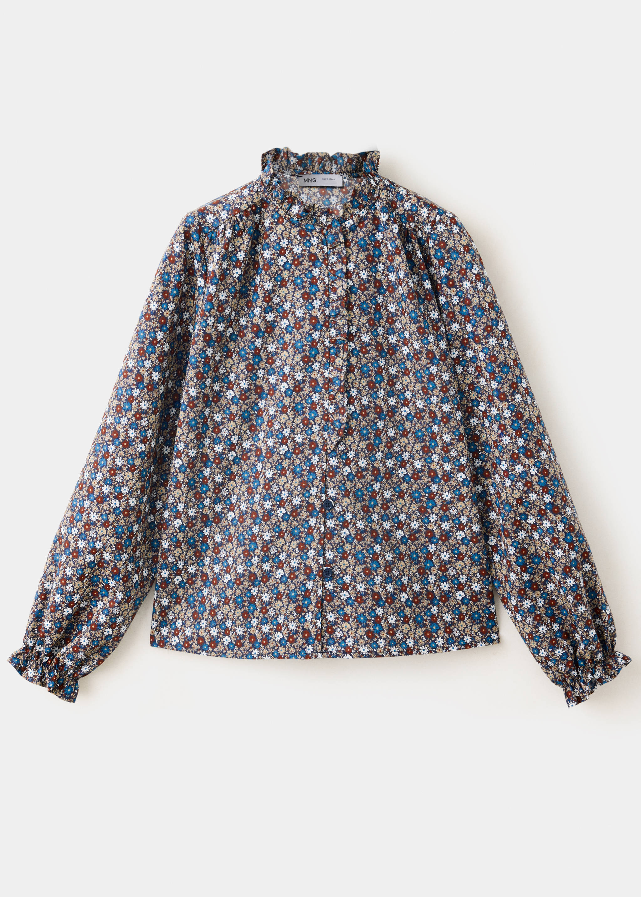 Floral print long-sleeve shirt with ruffled collar and cuffs.