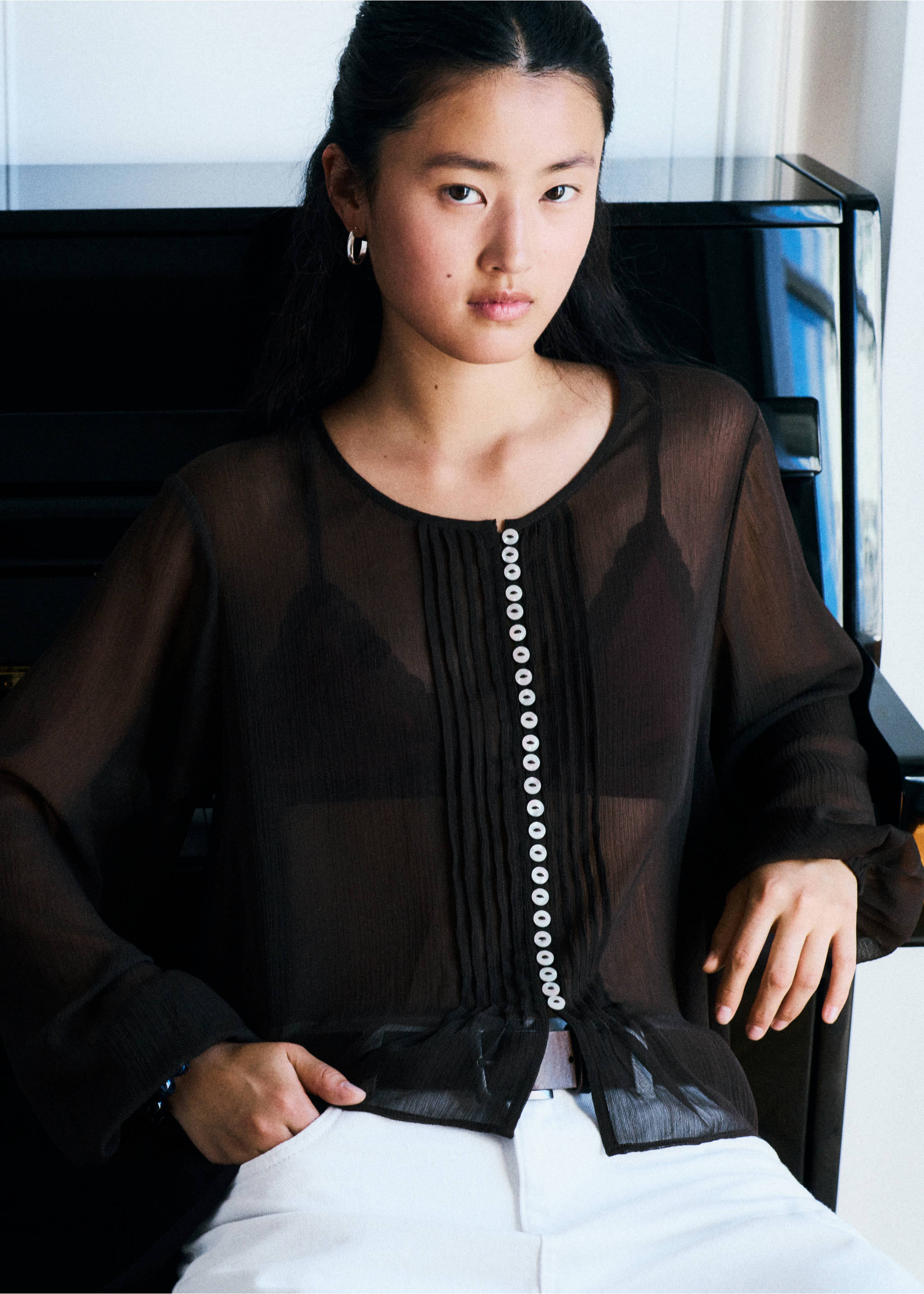 Black sheer long-sleeved shirt with a button-front placket and pleats., Brown. Ref: 37058273-00.