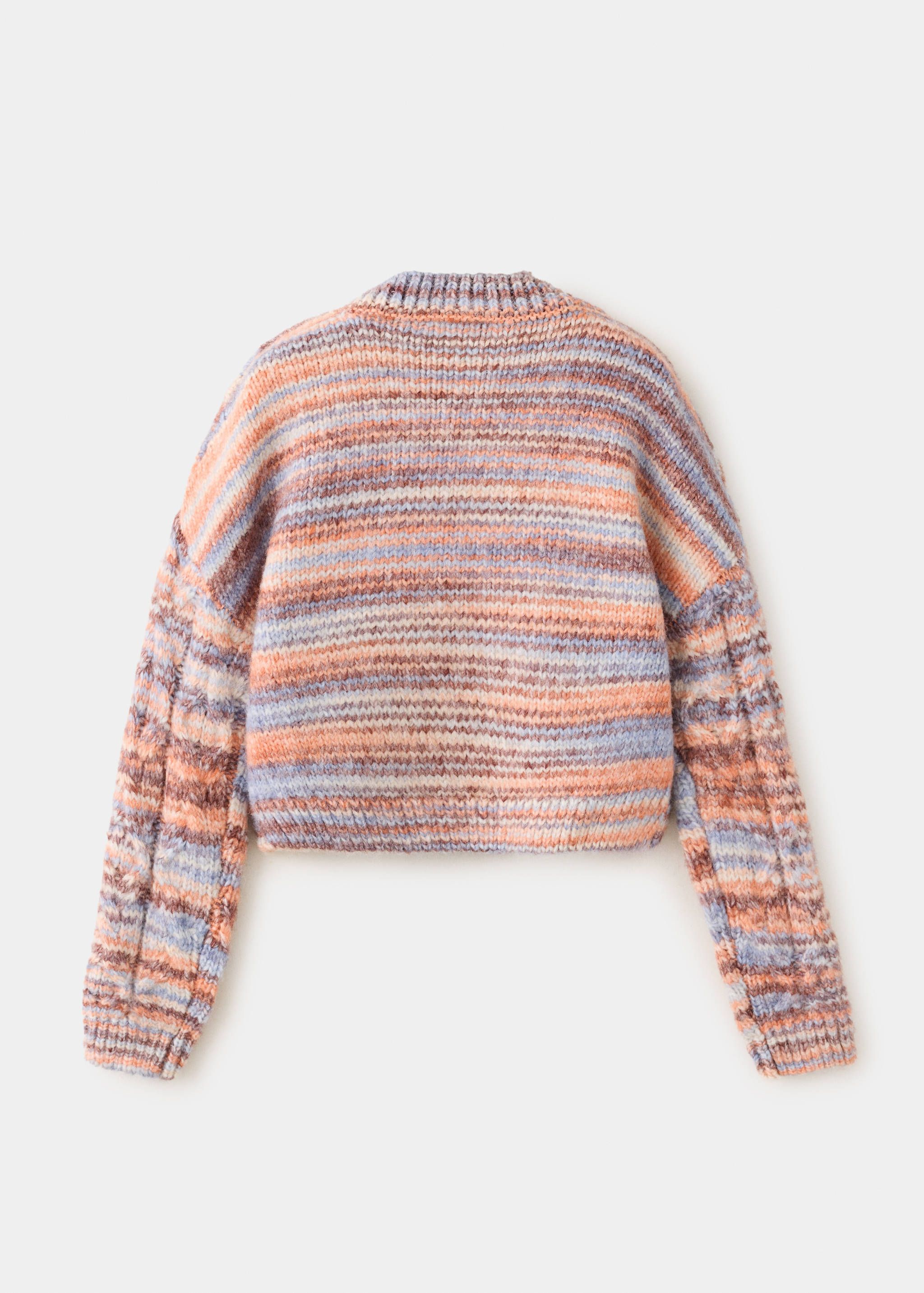 Multicoloured striped knit jersey sweater, back view.