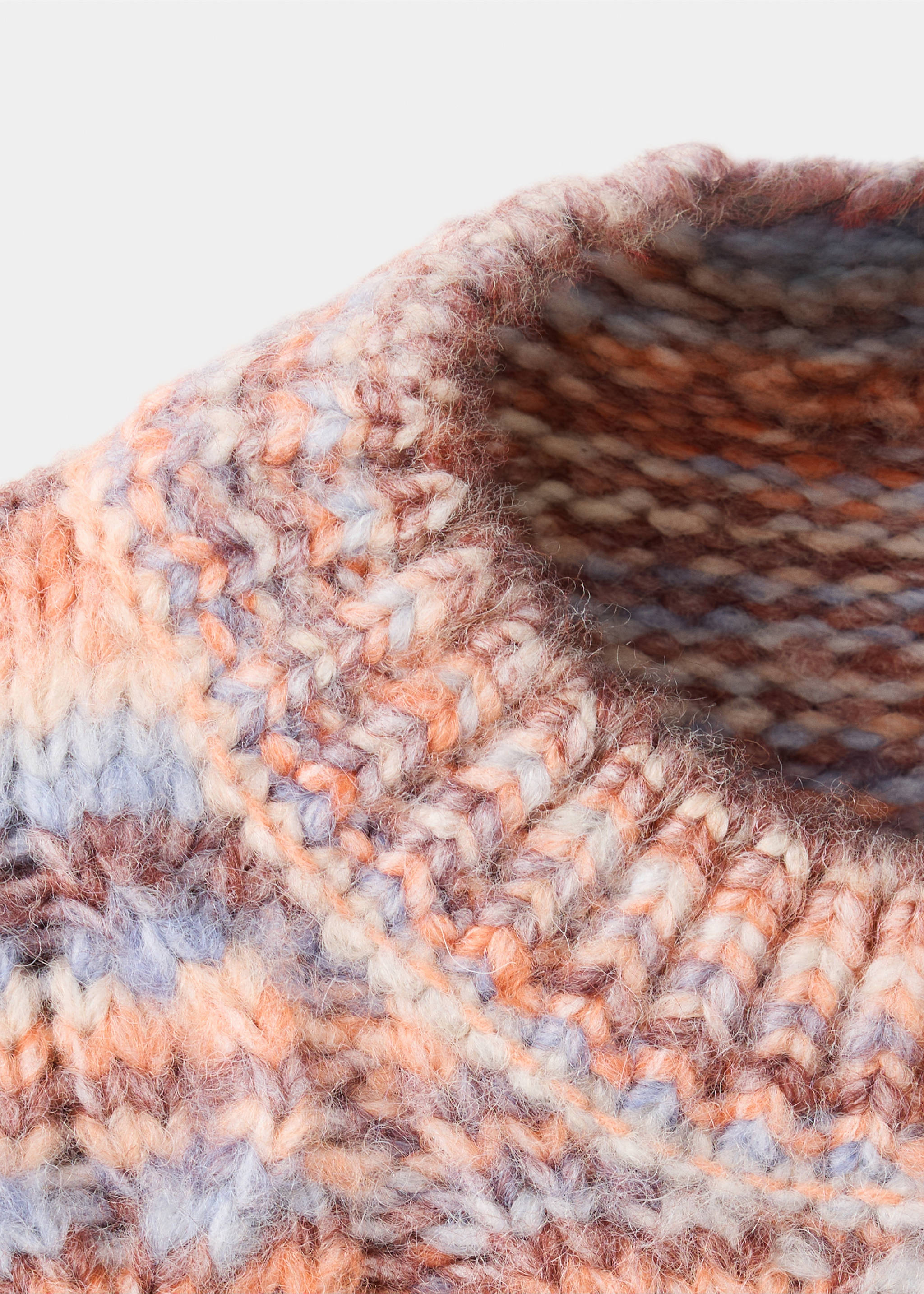 Close-up of a multi-colour knitted kids jumper with a ribbed crew neck., Pastel Orange. Ref: 37058277-00.