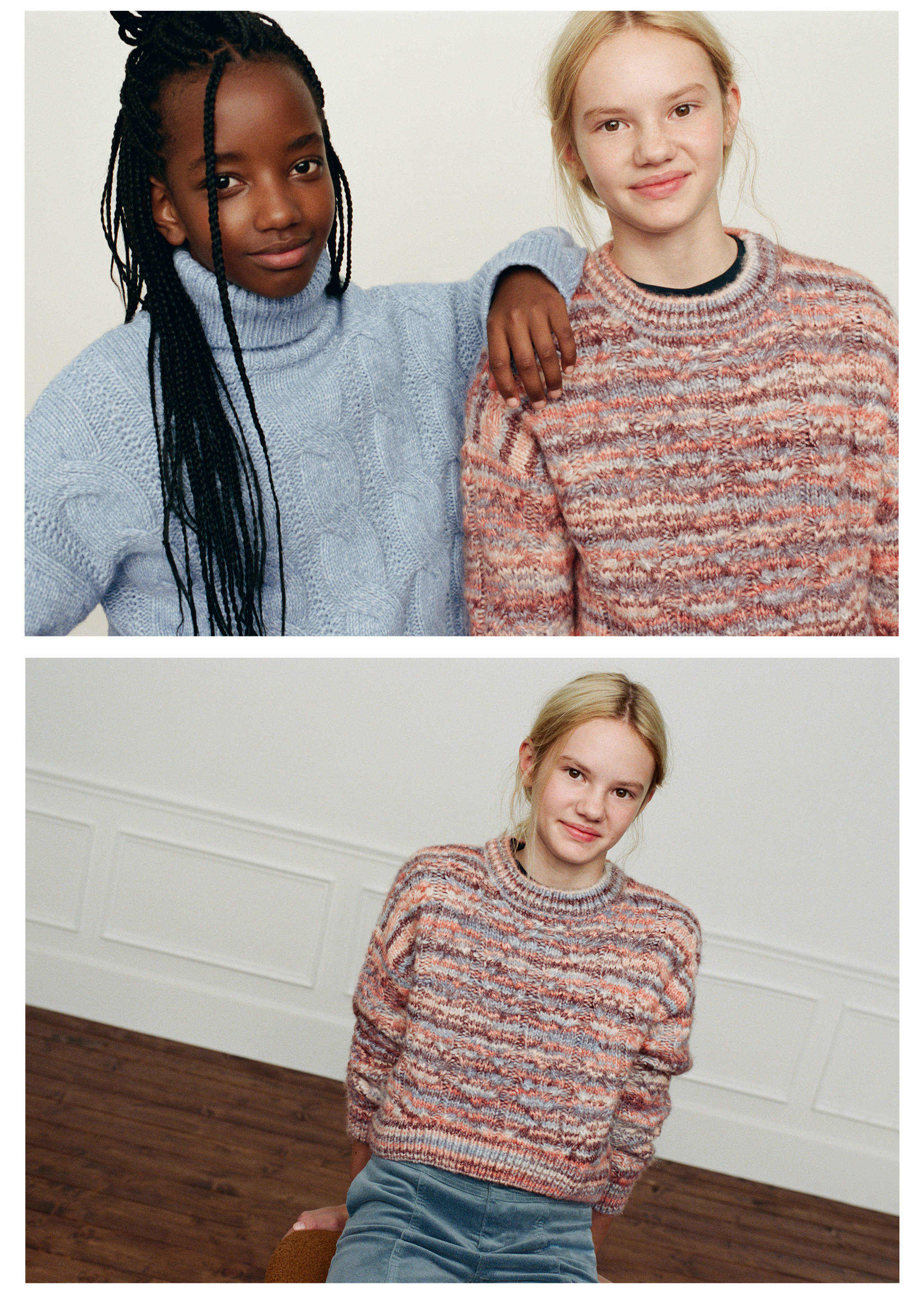 Two girls wearing knit sweaters, including a multicoloured striped sweater and a light blue turtleneck., Pastel Orange. Ref: 37058277-00.
