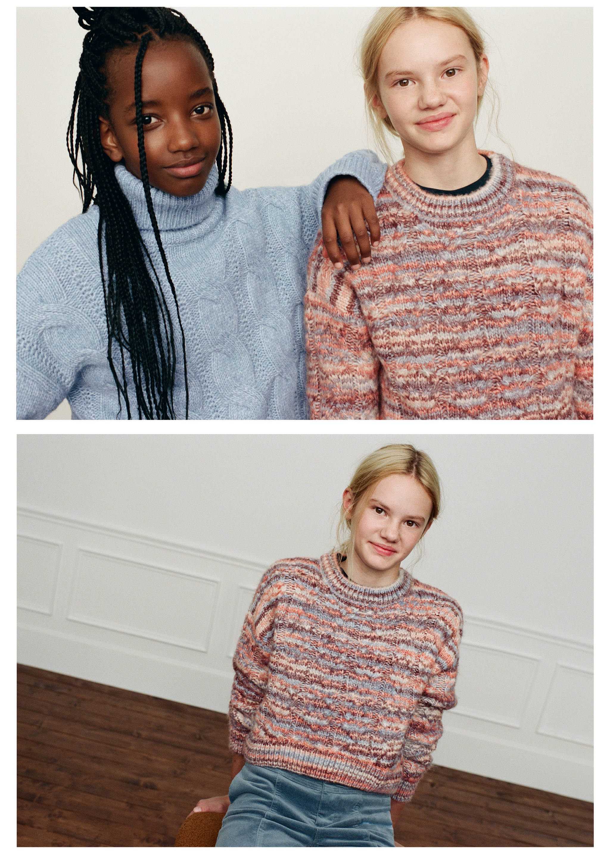 Two girls wearing knit sweaters, including a multicoloured striped sweater and a light blue turtleneck.