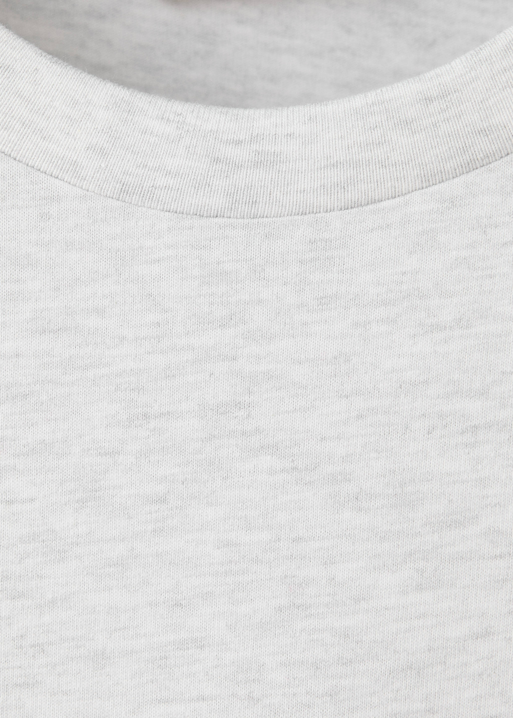 Close-up of a light grey marl pyjama top neckline.