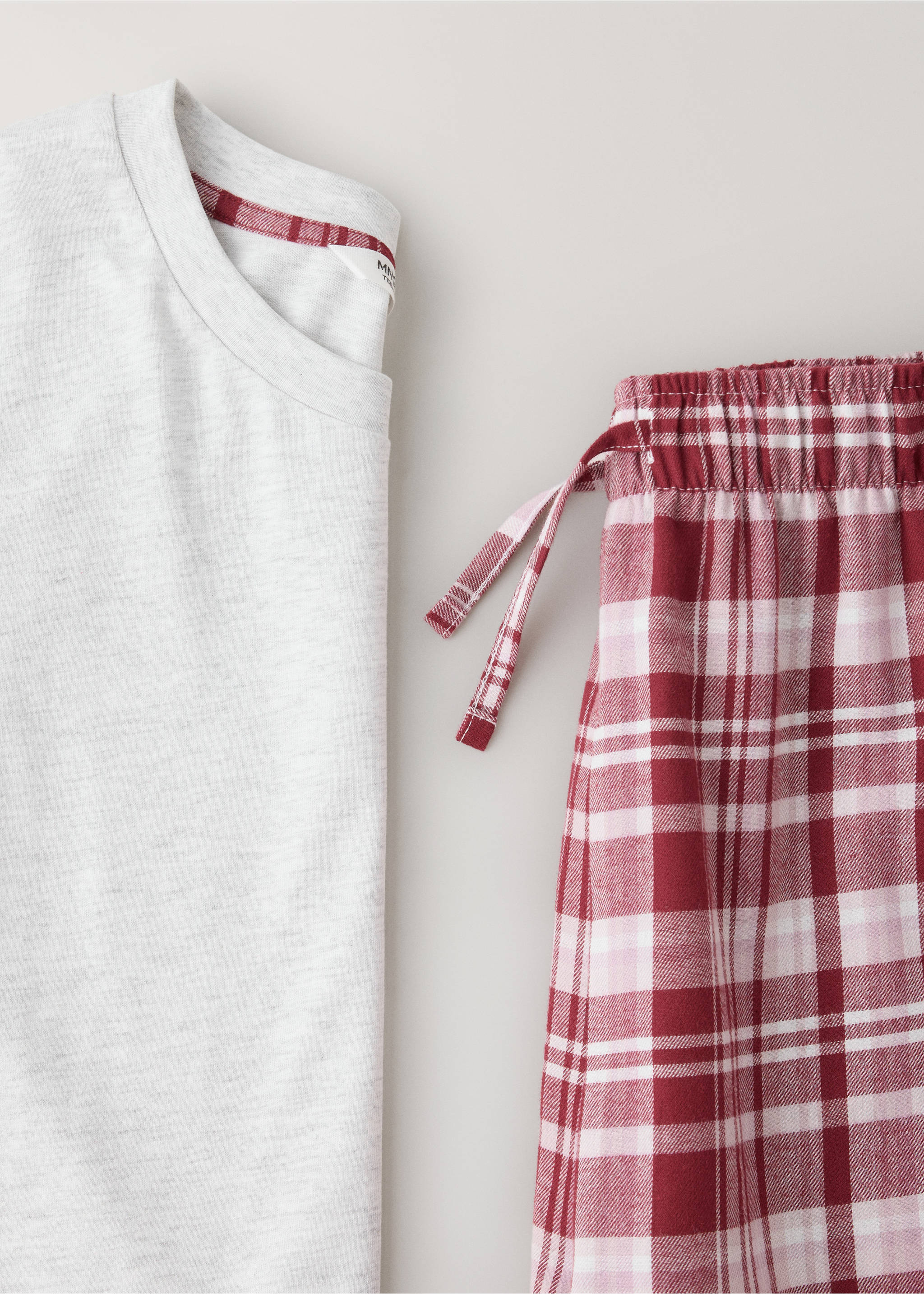 Grey marl top and red plaid pyjama trousers, fabric detail., Pink. Ref: 37058282-00.