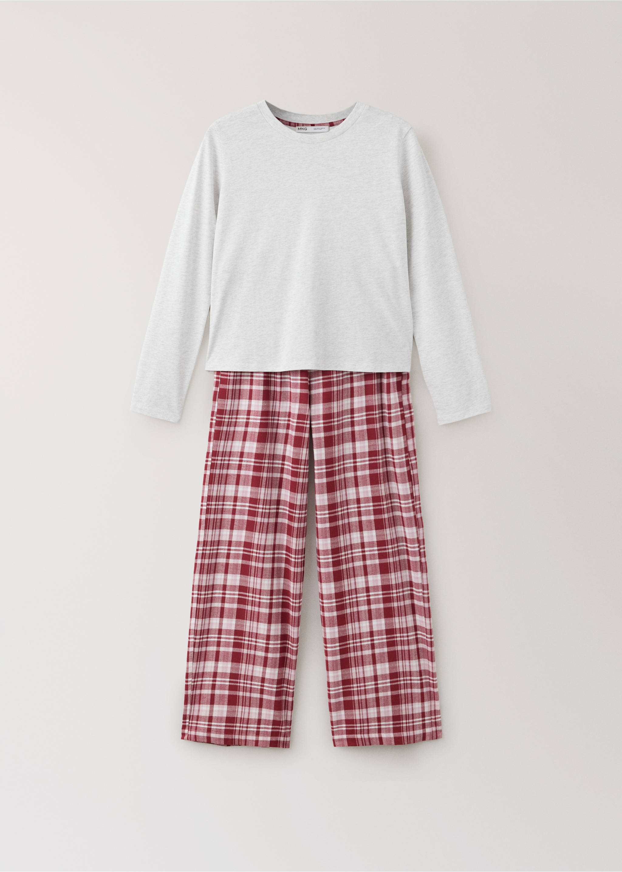Grey marl long-sleeve pyjama top and red plaid trousers set., Pink. Ref: 37058282-00.