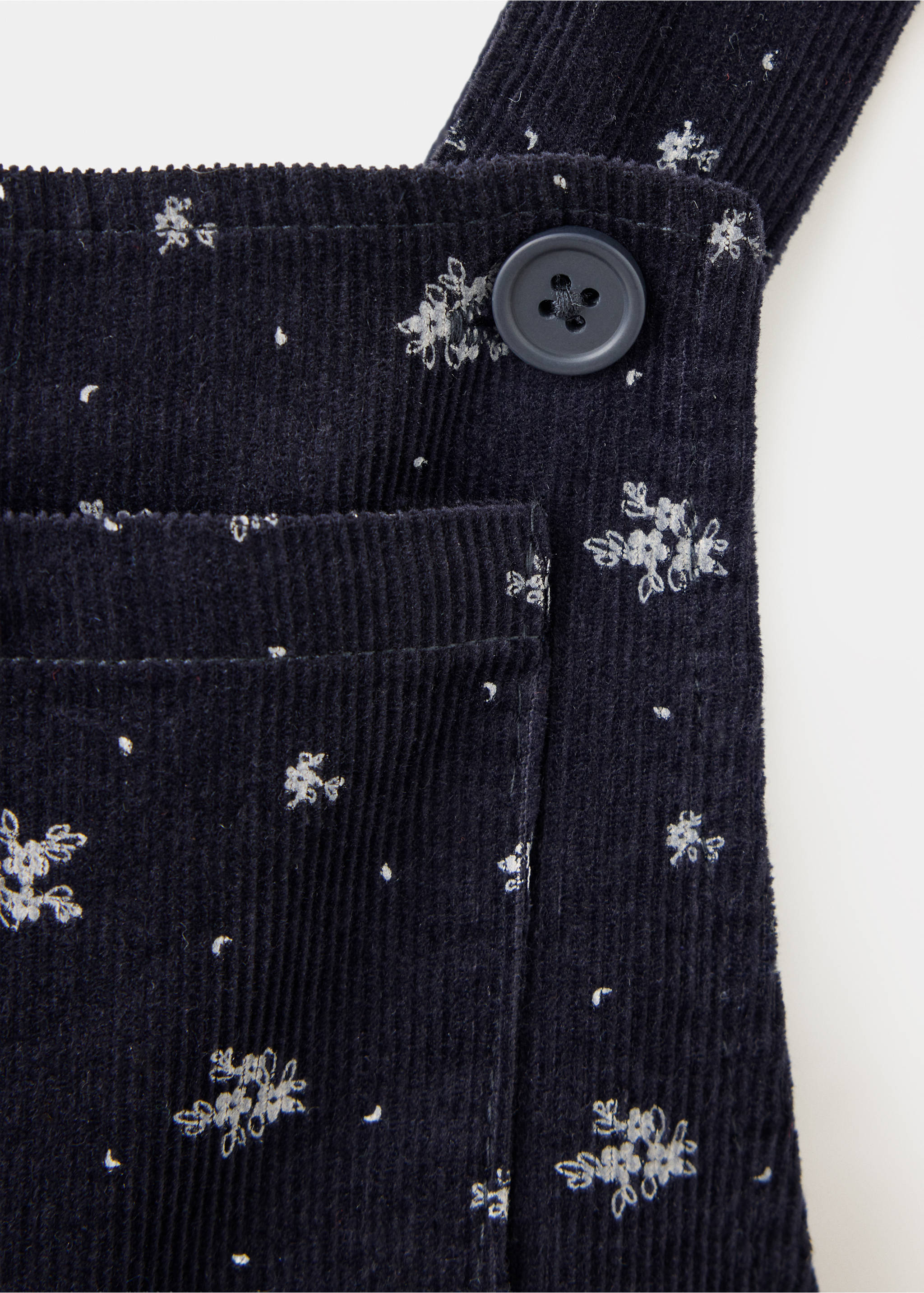 Close-up of a navy floral corduroy dungaree detail., Navy. Ref: 37058284-00.