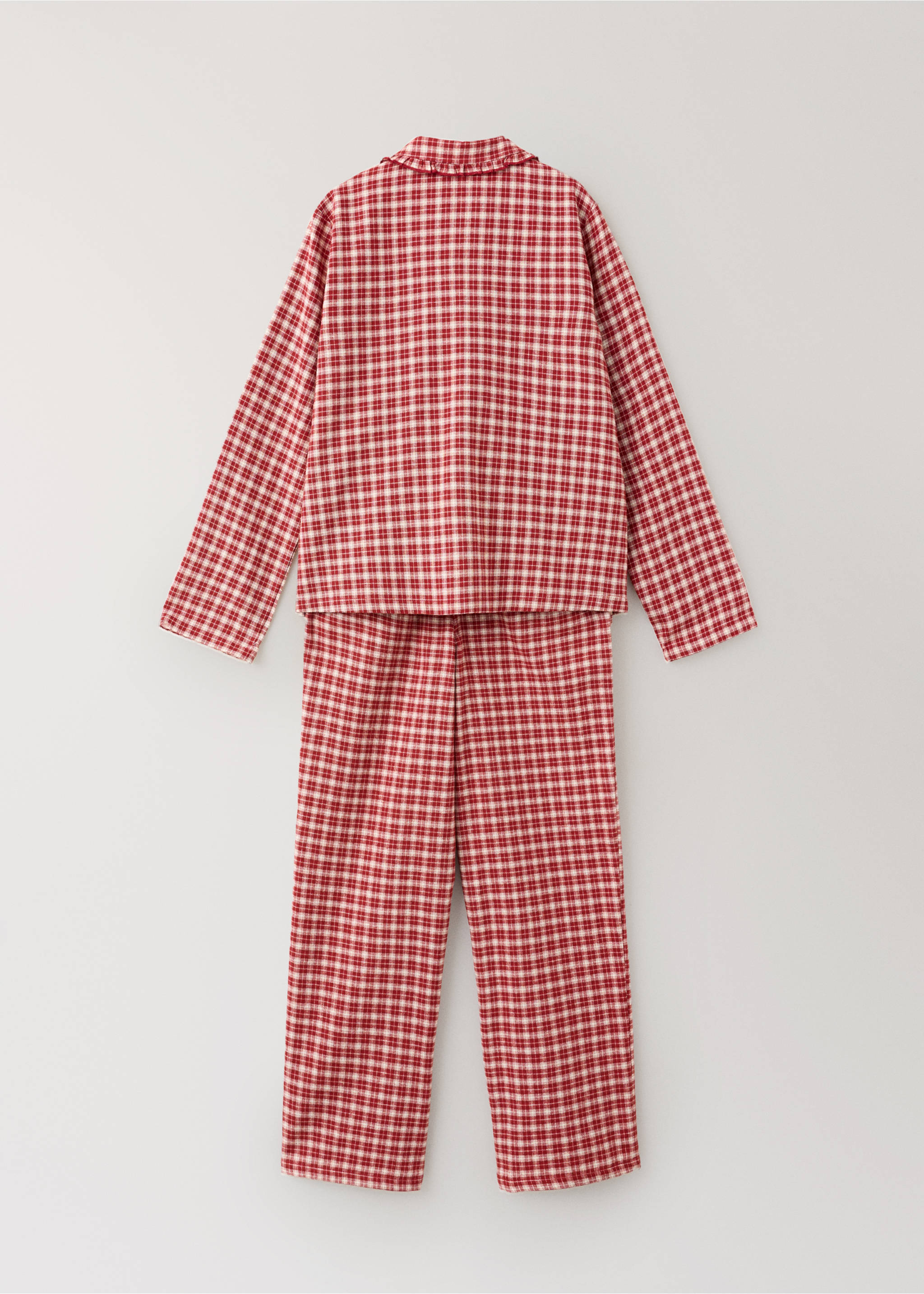 Red and white checkered children's pyjama set from the back, featuring a ruffled collar and trousers., Red. Ref: 37058286-00.