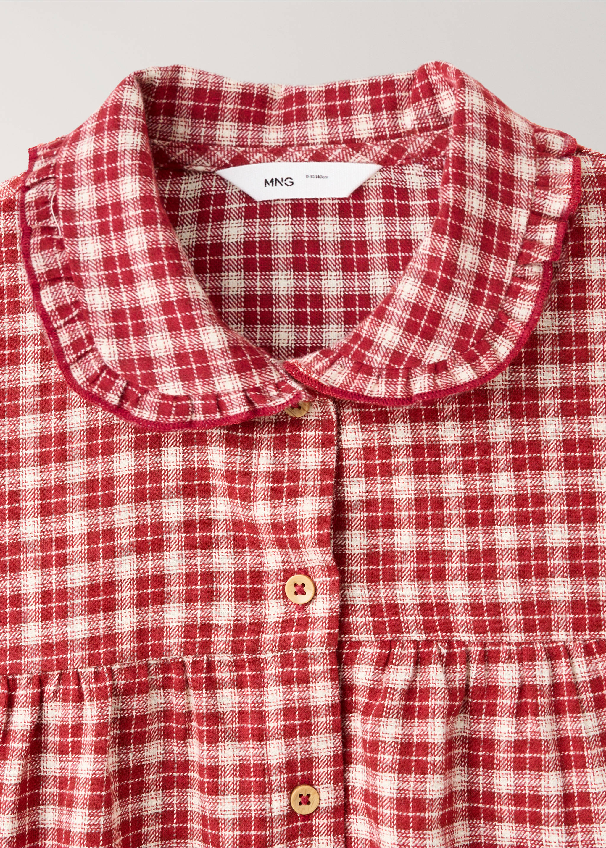 Red and white checked pyjama top detail with a ruffled collar and buttons., Red. Ref: 37058286-00.
