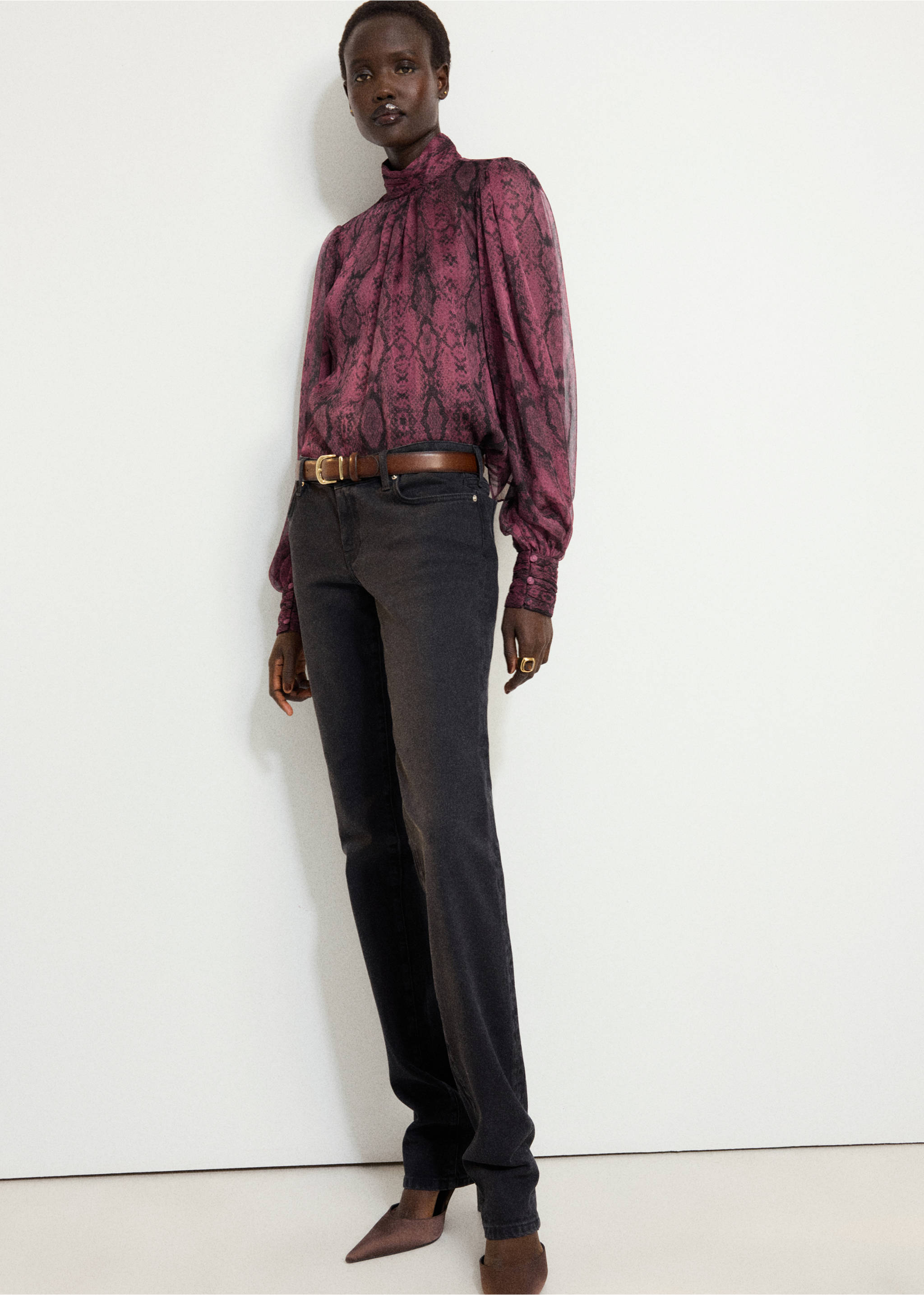 Purple snakeskin-print blouse with high neck and long sleeves, styled with dark grey trousers, Pink. Ref: 37058287-00.