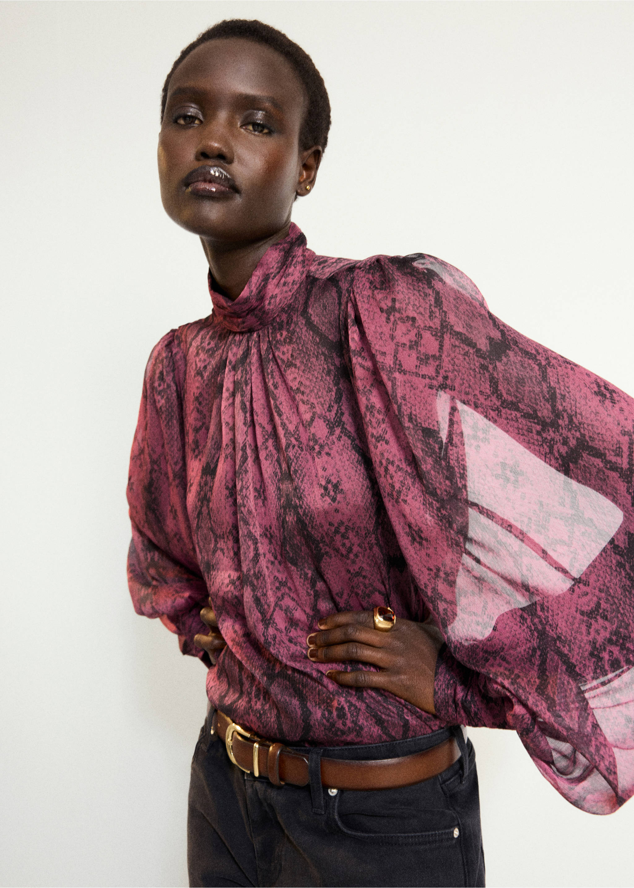 Magenta and black snakeskin-print blouse with a high funnel neckline and long voluminous sleeves., Pink. Ref: 37058287-00.