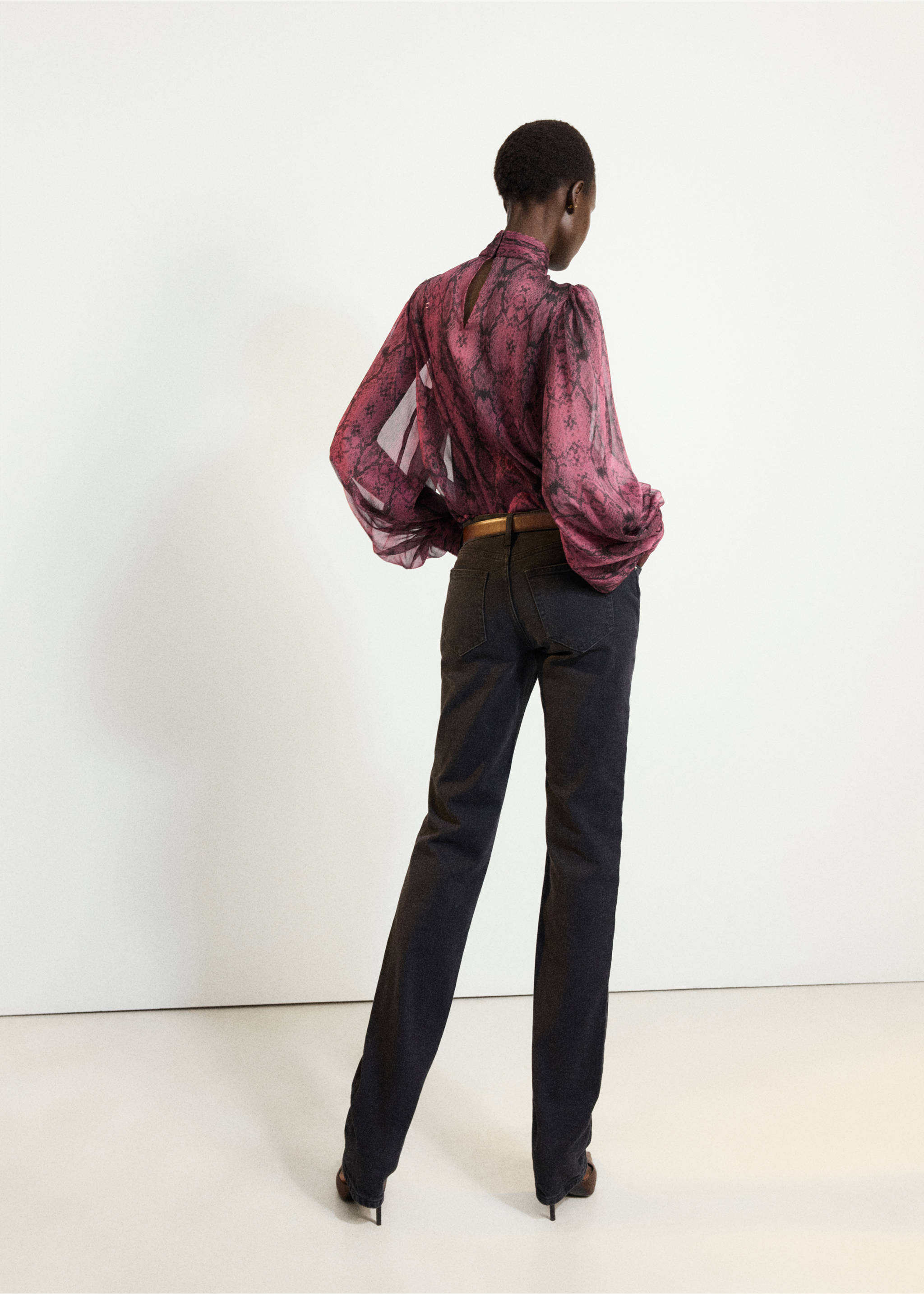 Pink and black animal print sheer blouse with high neck and balloon sleeves, back view., Pink. Ref: 37058287-00.