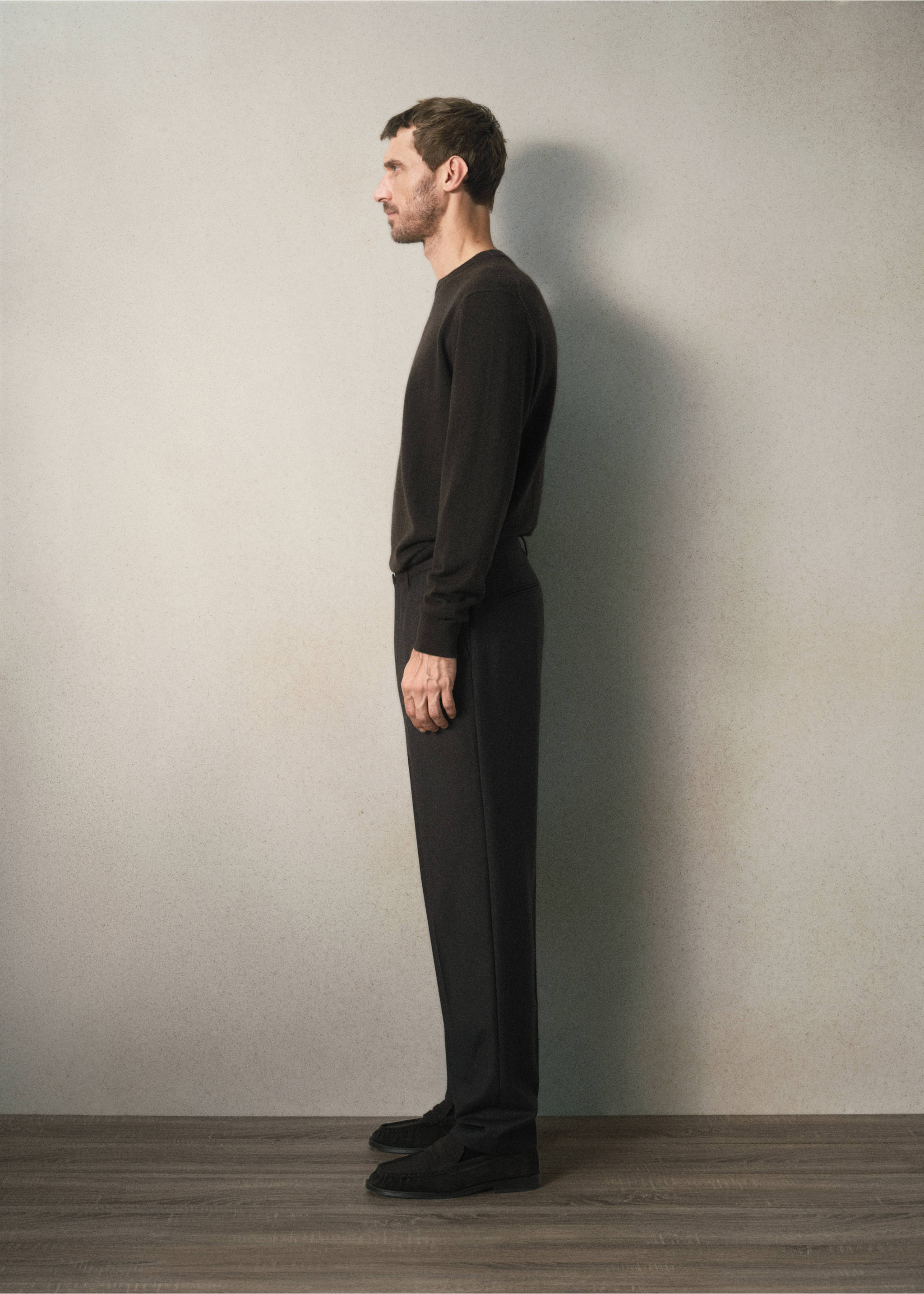 Dark brown trousers with a straight fit, styled with a matching sweater., Brown. Ref: 37058630-00.