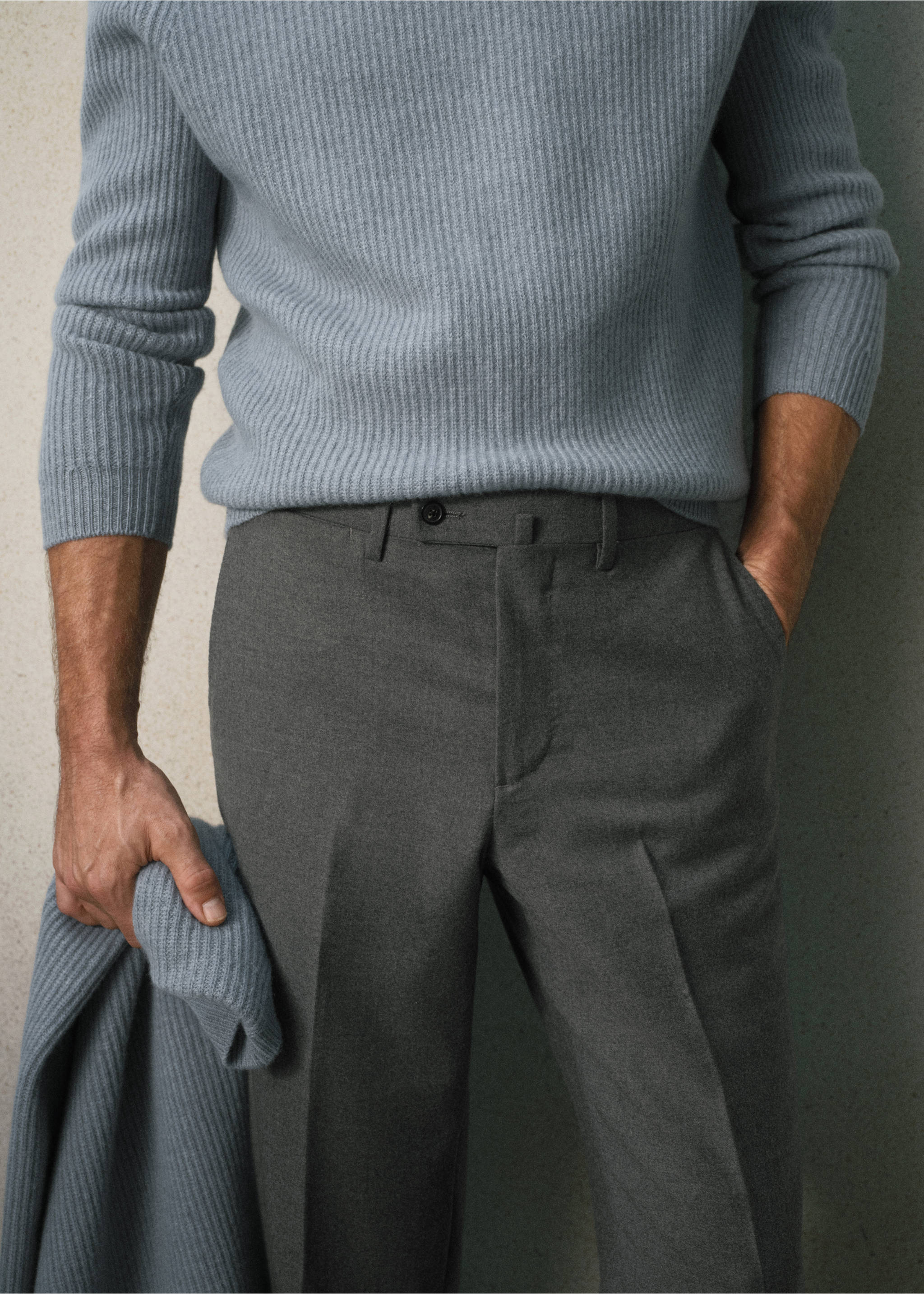 Dark grey tailored trousers with belt loops and pressed creases., Light Heather Grey. Ref: 37058630-00.