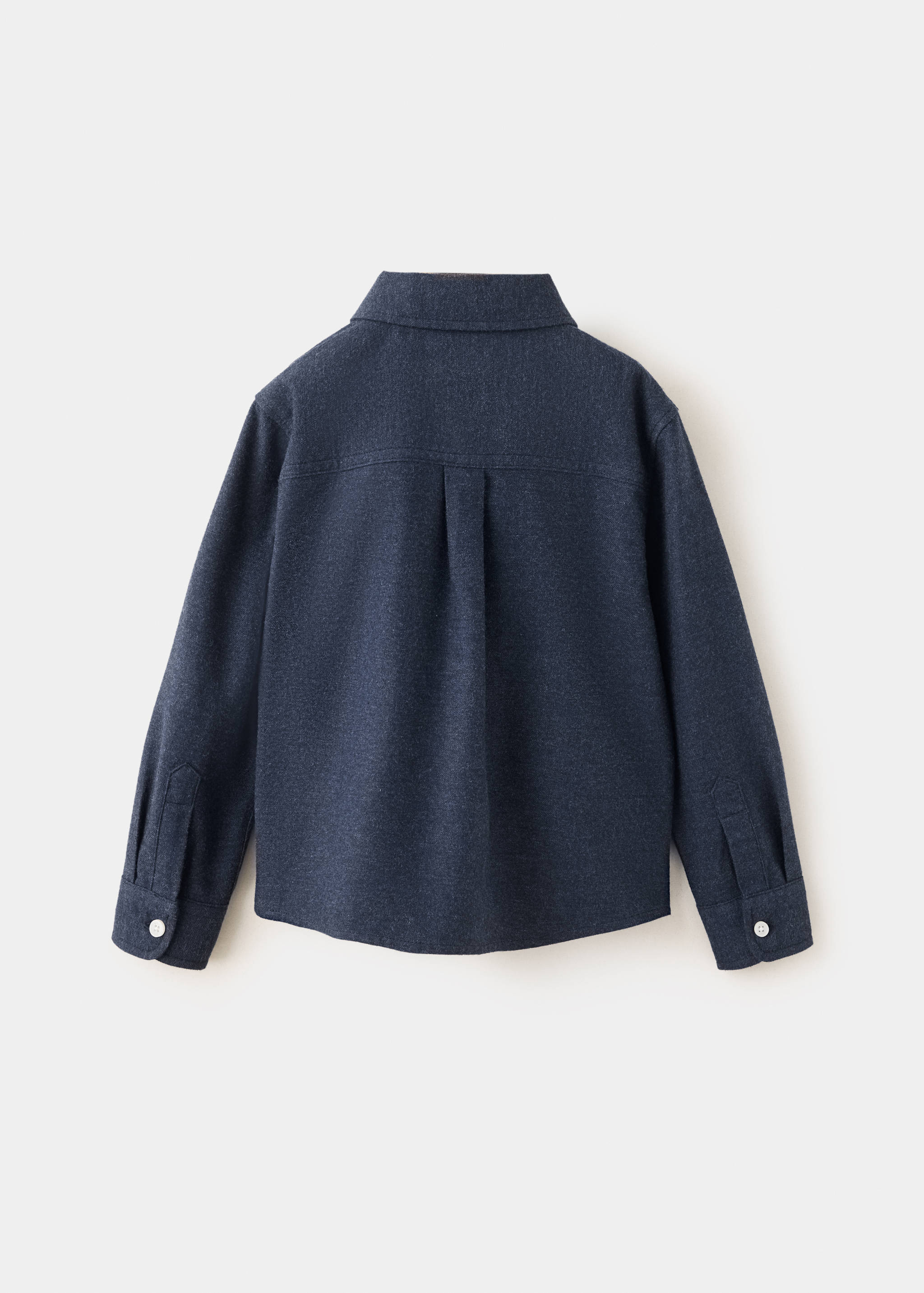 Back view of a dark blue kids' shirt with a back pleat.